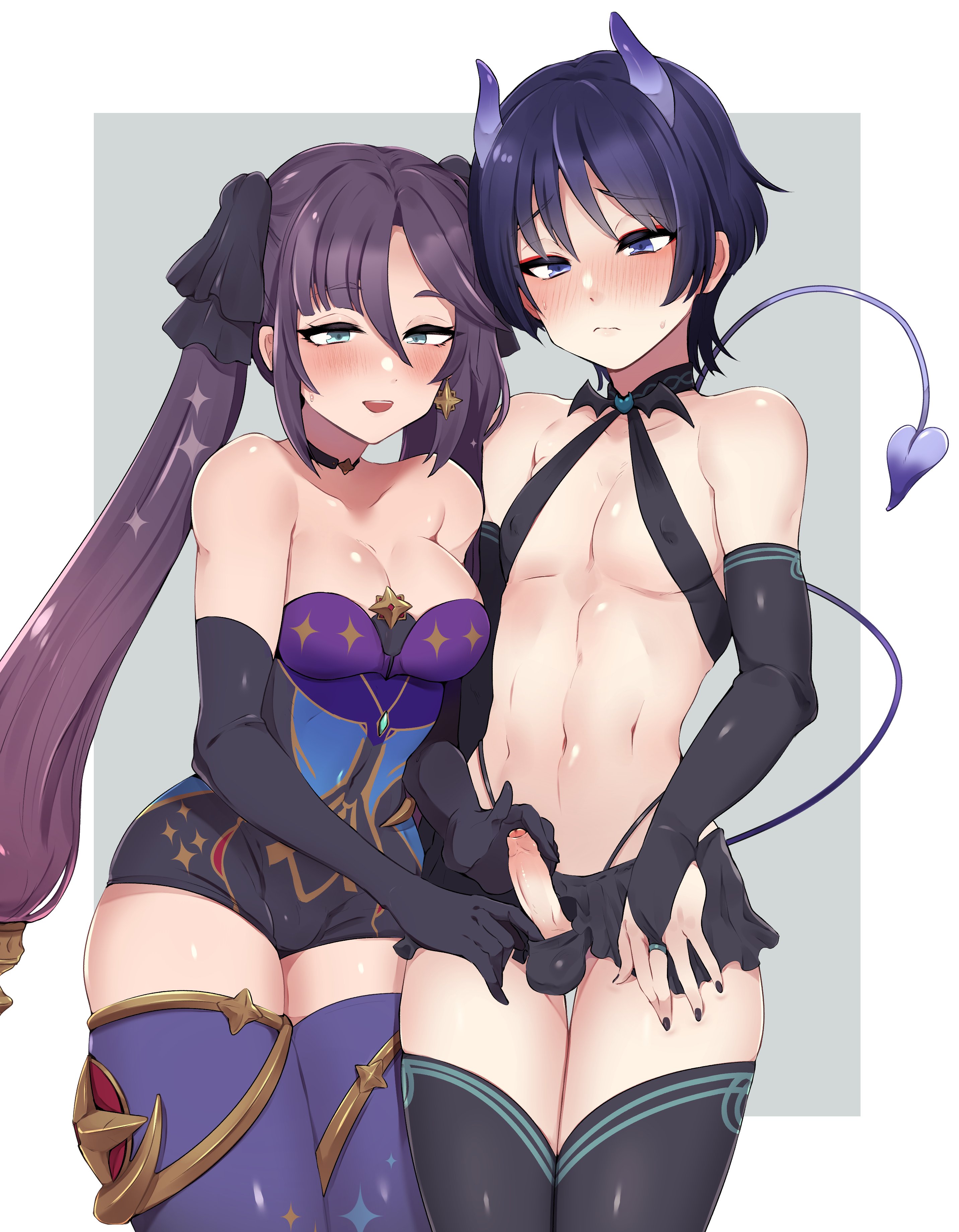 1boy, 1boy1girl, 1femboy, 1girls, absurdres, alternate costume, aqua background, arms at sides, bare shoulders, black bow, black bridal gauntlets, black choker, black gloves, black hair, black leotard, black nails, black skirt, black thighhighs, blue leotard, blunt ends, blush, border, bow, breasts, bridal gauntlets, brooch, choker, cleavage, closed mouth, collarbone, commission, covered navel, covered nipples, crotch, demon horns, demon tail, demon wings, double handjob, earrings, elbow gloves, erection, eyelashes, eyeshadow, female, femboy, femdom, genshin impact, gloves, gold, hair between eyes, hairbow, half-closed eyes, hand on penis, handjob, heart, heart tail, height difference, highres, holding penis, horns, jewelry, large breasts, leotard, looking down, makeup, male, middle ring, miniskirt, mona (genshin impact), mona (pact of stars and moon) (genshin impact), multicolored leotard, navel, niwa (niwa827), niwa827, open mouth, parted bangs, pectorals, penis, ponytail holder, puffy vulva, purple eyes, purple hair, purple leotard, purple thighhighs, pussy, raised eyebrows, red eyeshadow, scaramouche (genshin impact), second-party source, short eyebrows, simple background, skirt, small penis, star (symbol), star brooch, star choker, star earrings, star print, straight, super highleg, sweatdrop, tail, teeth, thick thighs, thighhighs, thighlet, thighs, touching penis, trap, twintails, upper teeth only, white border, wing ornament, wings, wispy bangs