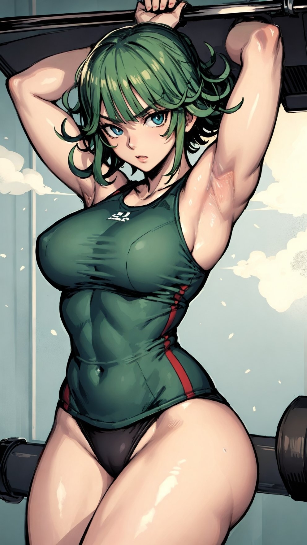 1girls, ai generated, armpits, arms up, female, female only, green hair, looking at viewer, one-punch man, solo, stable diffusion, tatsumaki
