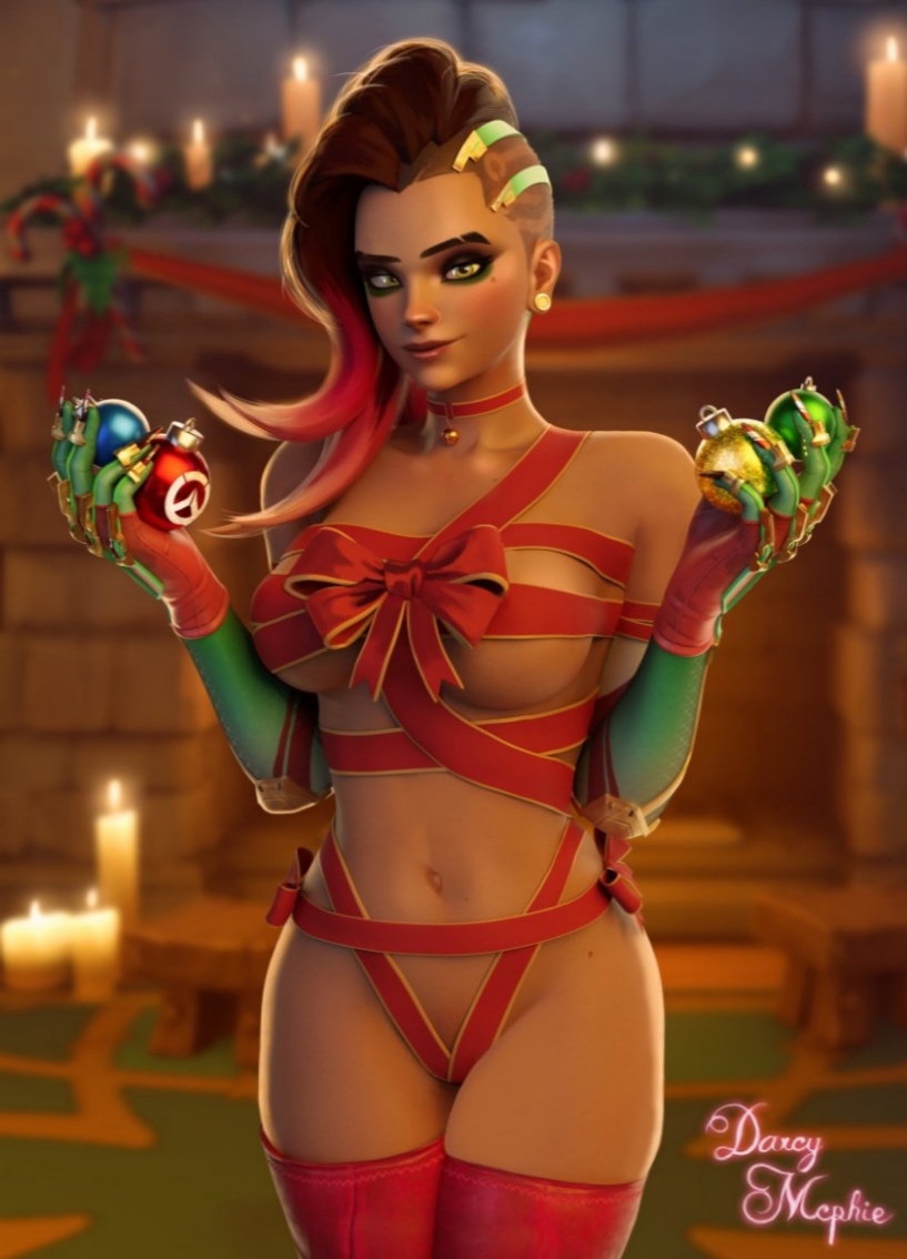 3d, bell, blurry, blurry foreground, box, breasts, brown hair, candle, choker, christmas, christmas ornaments, christmas tree, collarbone, cowboy shot, dark skin, dark-skinned female, depth of field, earrings, female, fireplace, gift, gift box, gloves, green eyes, jewelry, long hair, medium breasts, mole, mole under eye, multicolored hair, naked ribbon, navel, neck bell, overwatch, overwatch 2, peppermint sombra, red gloves, ribbon, smile, solo, sombra, thighhighs, two-tone hair, winter wonderland series