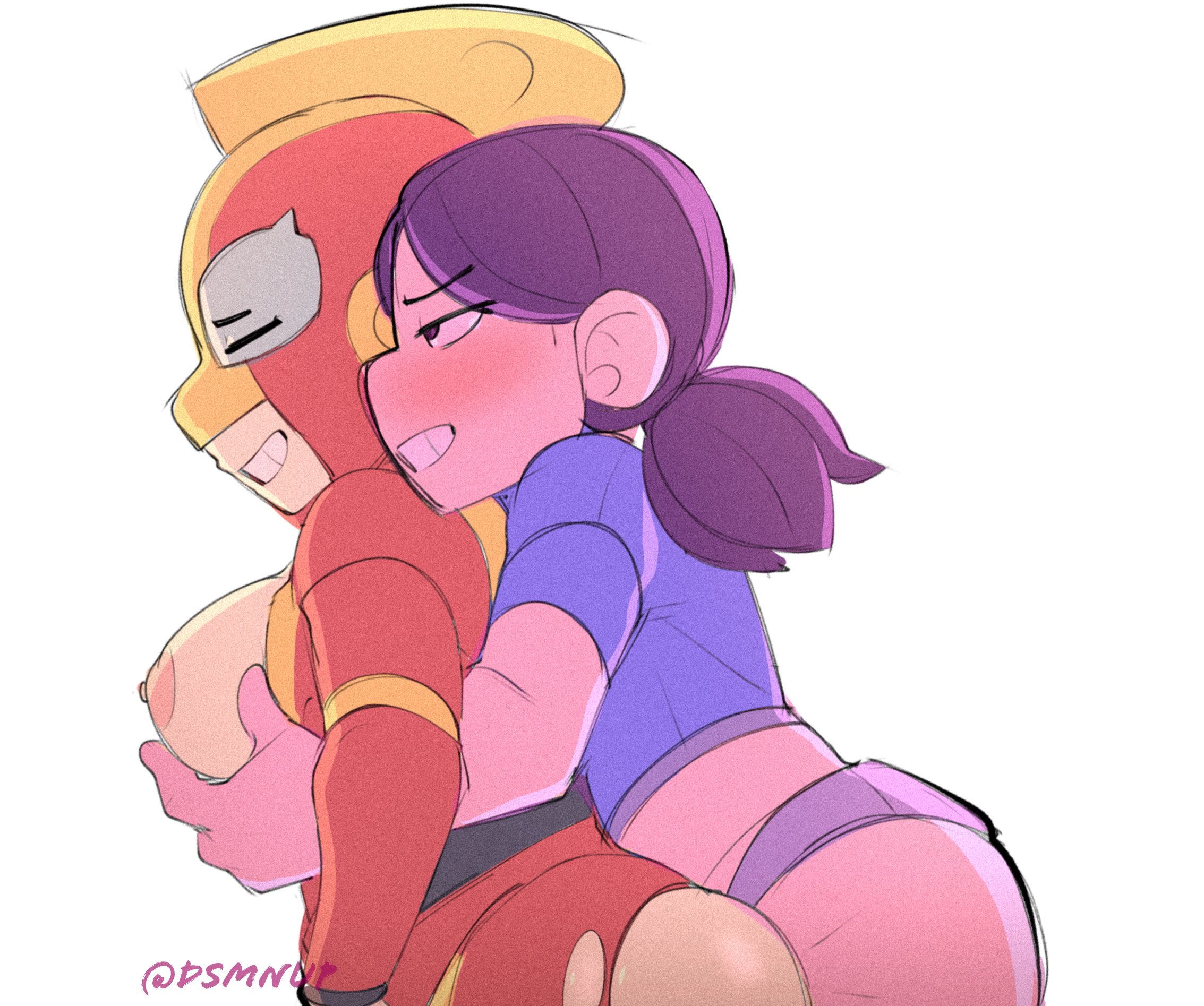 2girls, anal, anal sex, blue hair, blush, brawl stars, breasts, closed eyes, dildo, dildo in ass, dsmnup, eyelashes, female, female only, femdom, femdom caption, gloves, headgear, helmet, holding breast, jacky (brawl stars), large breasts, lesbian, lesbian sex, max (brawl stars), pressing breasts, repost, smile, strap-on, strapon, torn clothes, visor, yuri