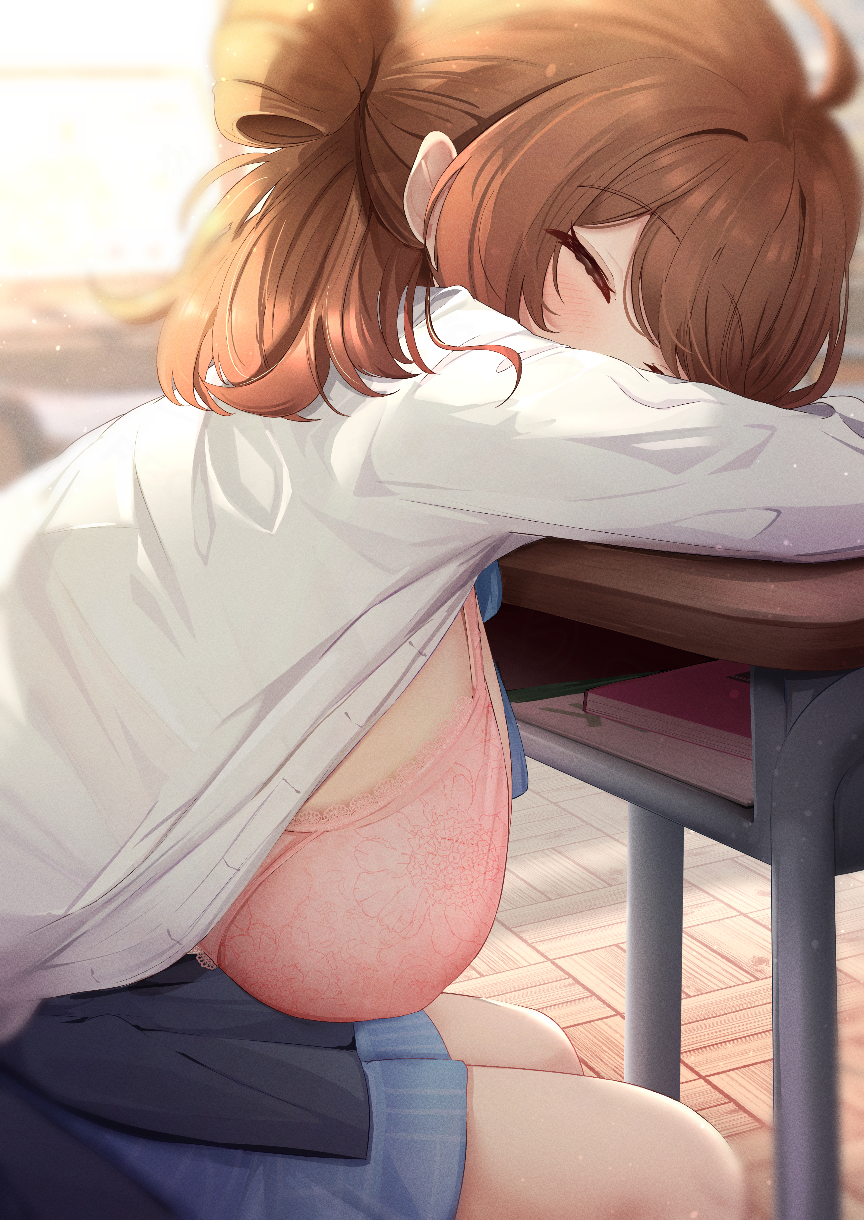 absurdres, arm pillow, backlighting, black overskirt, blue ribbon, blue skirt, blurry, blurry background, blush, bra, breasts, brown hair, commentary, depth of field, desk, dress shirt, feet out of frame, female, gakuen idolmaster, hanami ume, hanging breasts, hatsuboshi gakuen school uniform, highres, idolmaster, indoors, large breasts, neck ribbon, paid reward available, pink bra, ribbon, school desk, school uniform, shirt, sitting, skirt, sky cappuccino, sleeping, solo, underwear, white shirt