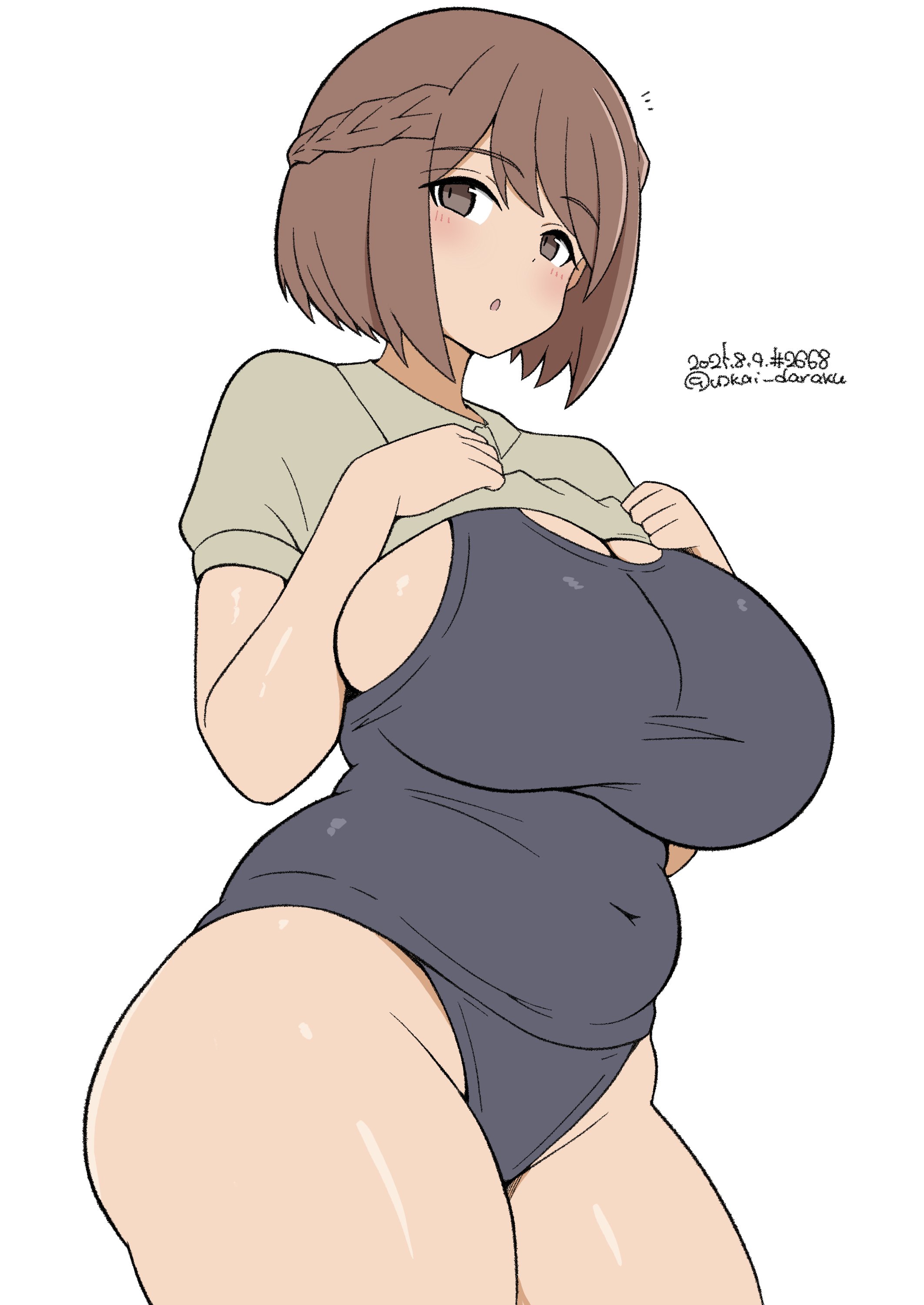 1girls, breasts, female, huge breasts, large breasts, luminous witches, one-piece swimsuit, plump, shibuya inori, short hair, strike witches, sukumizu, swimsuit under clothes, unkai daraku, world witches series