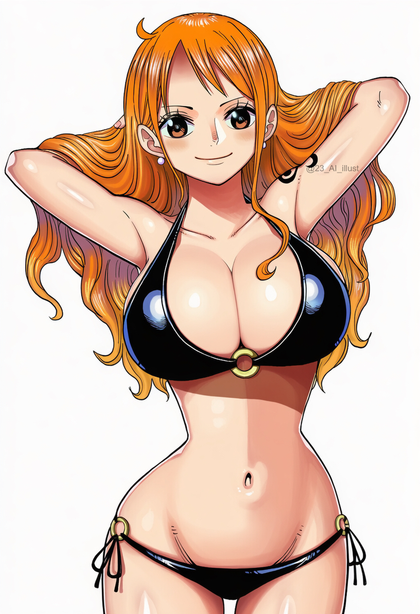 1girls, 23 ai illust, accurate art style, ai generated, arm tattoo, artist name, big ass, big breasts, bikini, black tattoo, blush, breasts, female, female only, hands behind head, large hips, linea alba, long hair, looking at viewer, manga style, nami (one piece), one piece, orange eyes, orange hair, orange-haired female, seductive, sexy, tattoo, white background