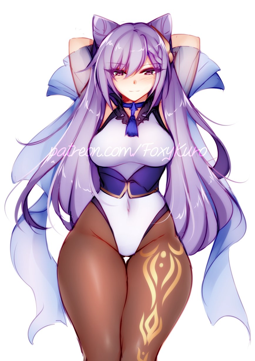 arms behind head, breasts, female, foxykuro, genshin impact, keqing (genshin impact), purple hair, tagme, thick thighs, thighs