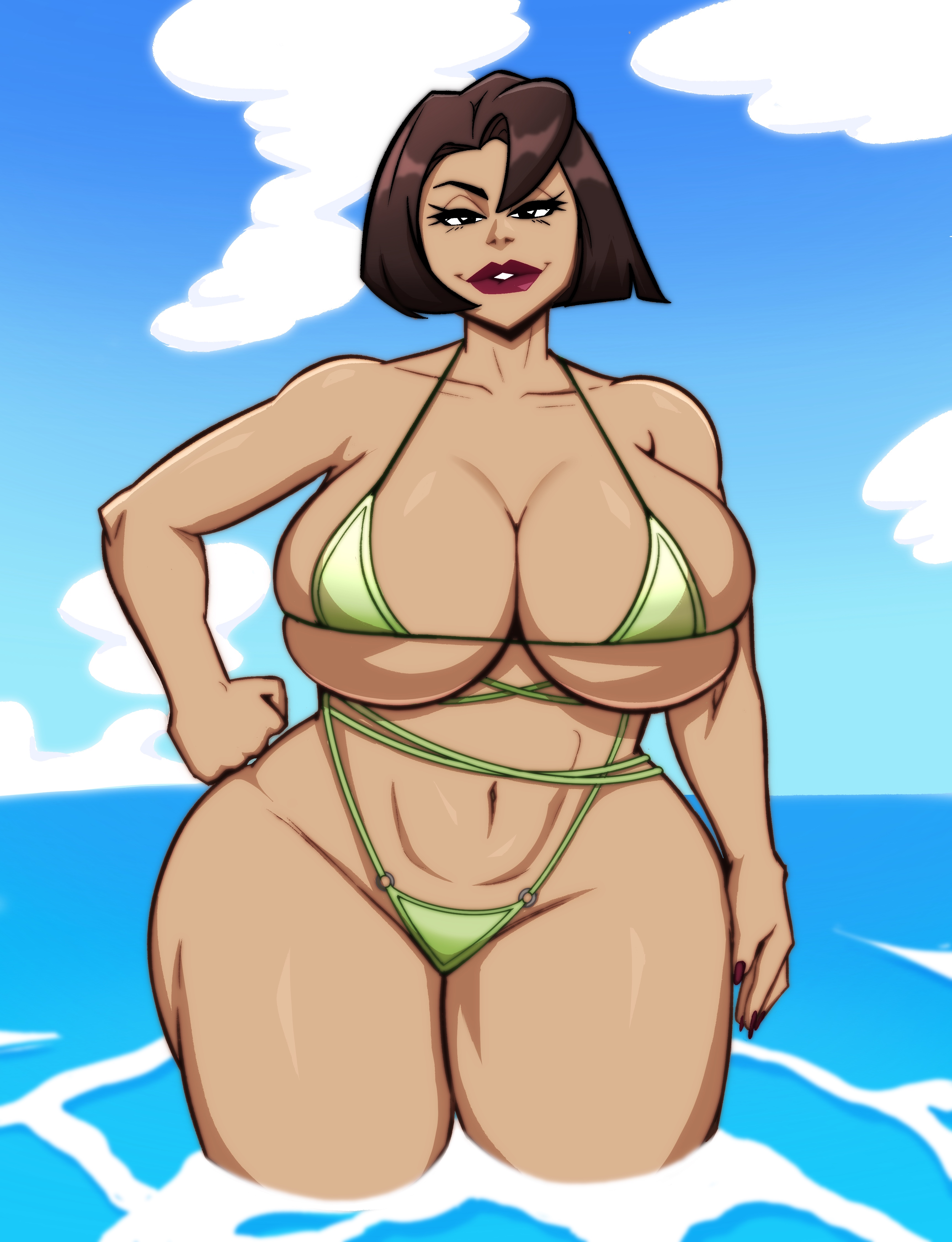 1girls, beach, bikini, black milf, breasts, brown hair, dark skin, dark-skinned female, disney, disney channel, female, female focus, female only, looking at viewer, mature, mature female, micro bikini, milf, mother, neitrosity, the proud family, thick thighs, trudy proud, wide hips