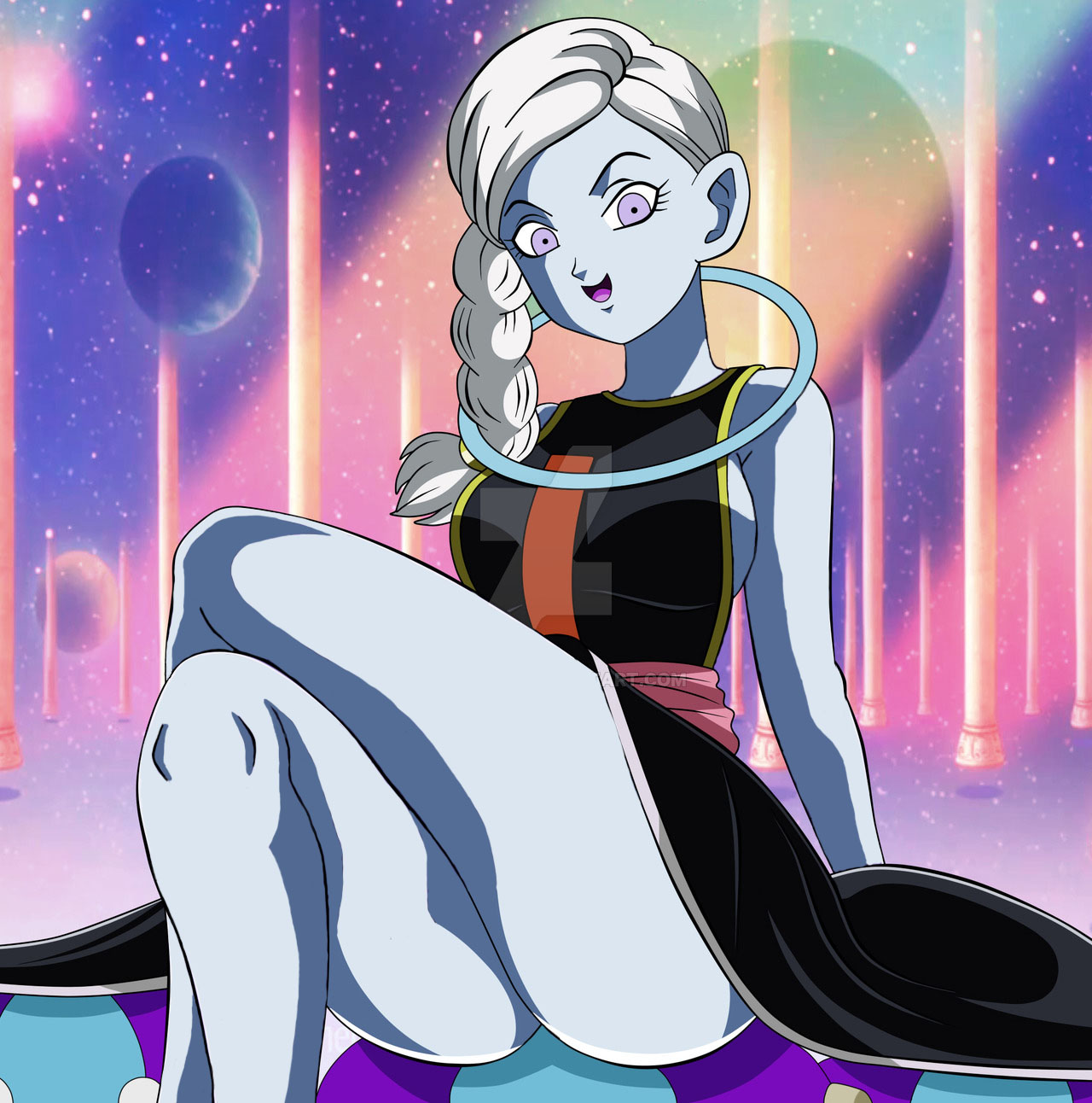 1girls, angel, angel (dragon ball), ass, blue skin, breasts, cus, dicasty, dragon ball, dragon ball super, dress, edit, female, female only, fully clothed, legs, sideboob, solo, white hair, wide hips