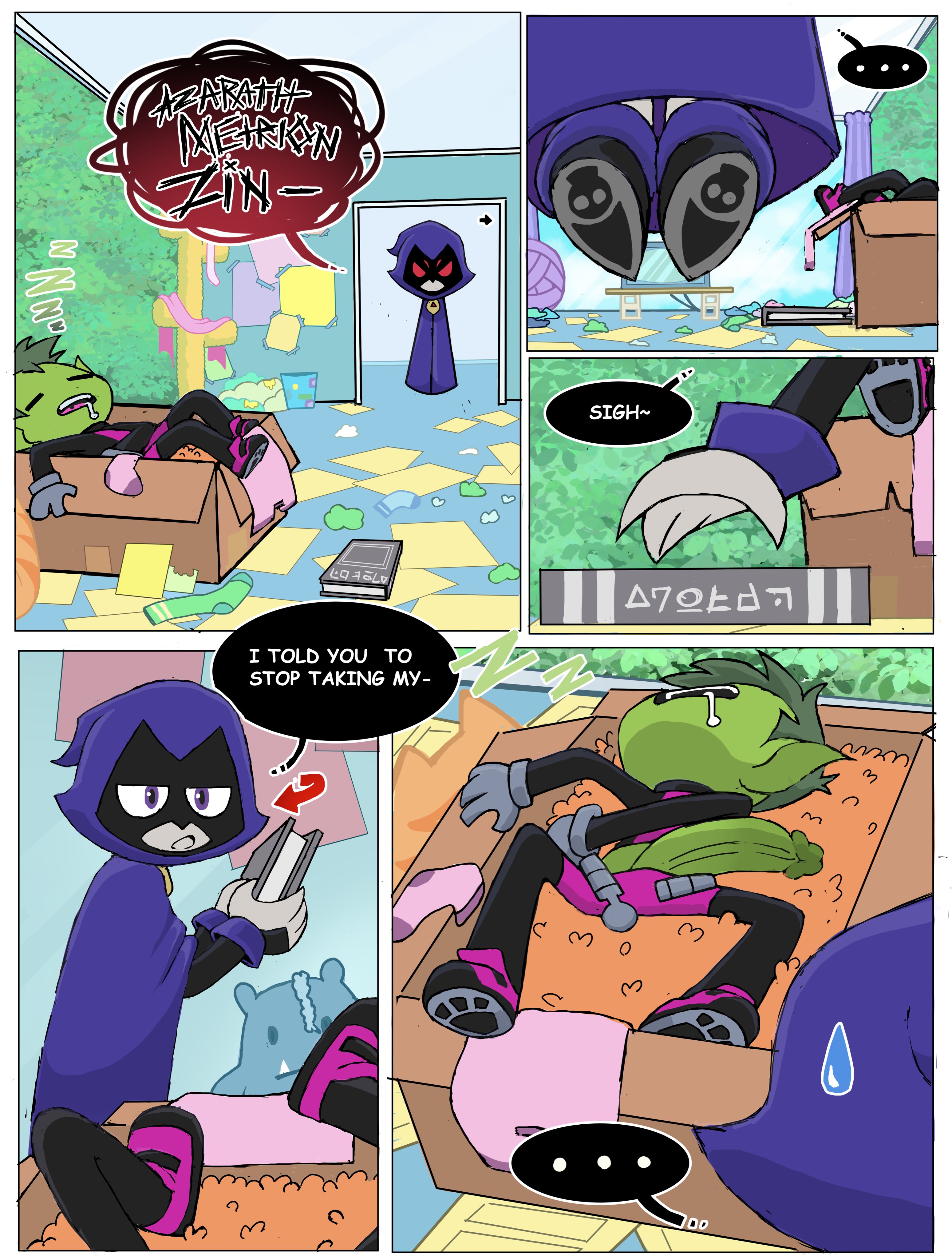 1boy, 1girls, 5koma, ass, baecohn, beast boy, bodysuit, book, cameltoe, cloak, clothing, comic, dc, dc comics, exposed penis, female, footwear, green eyes, grey skin, human, indoors, jewel on forehead, male, outdoors, page 2, pale skin, penis, penis out, rachel roth, raven (dc), raven (teen titans go!), searching, sleeping, teen titans, teen titans go