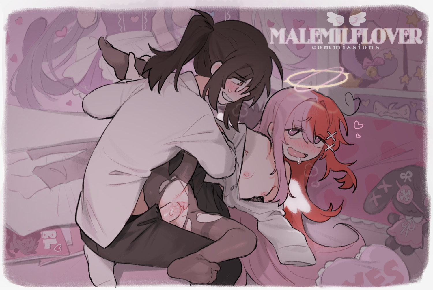 angel wings, bedroom, bedroom sex, black hair, breasts, color, dakimakura, degrees of lewdity, double halo, drool on face, extremely long hair, female, glasses, leg grab, original character, pink background, pink eyes, ponytail, pussy, ripped pantyhose, sleeves past wrists, small breasts, smiling, sydney (degrees of lewdity), tnso, two-tone hair, unbuttoned pants, unbuttoned shirt, vaginal penetration, x hair ornament