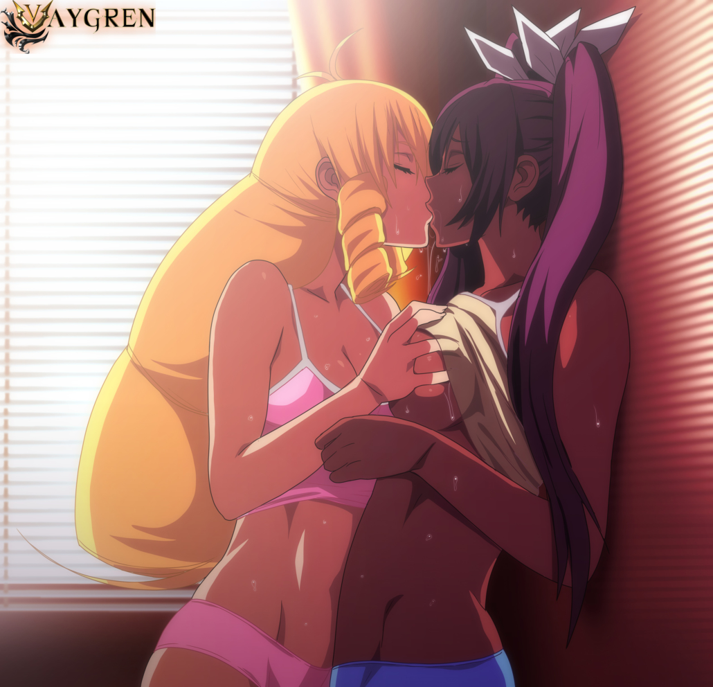 2girls, against wall, arms, bare arms, bare shoulders, blonde hair, blue panties, breast grab, breasts, cleavage, closed eyes, cyberunique, dark skin, dark-skinned female, female, female only, highres, human, interracial, kissing, large breasts, light skin, light-skinned female, long hair, multiple females, multiple girls, mutual yuri, neck, pink panties, purple hair, standing, sweat, tank top, twintails, window, yuri