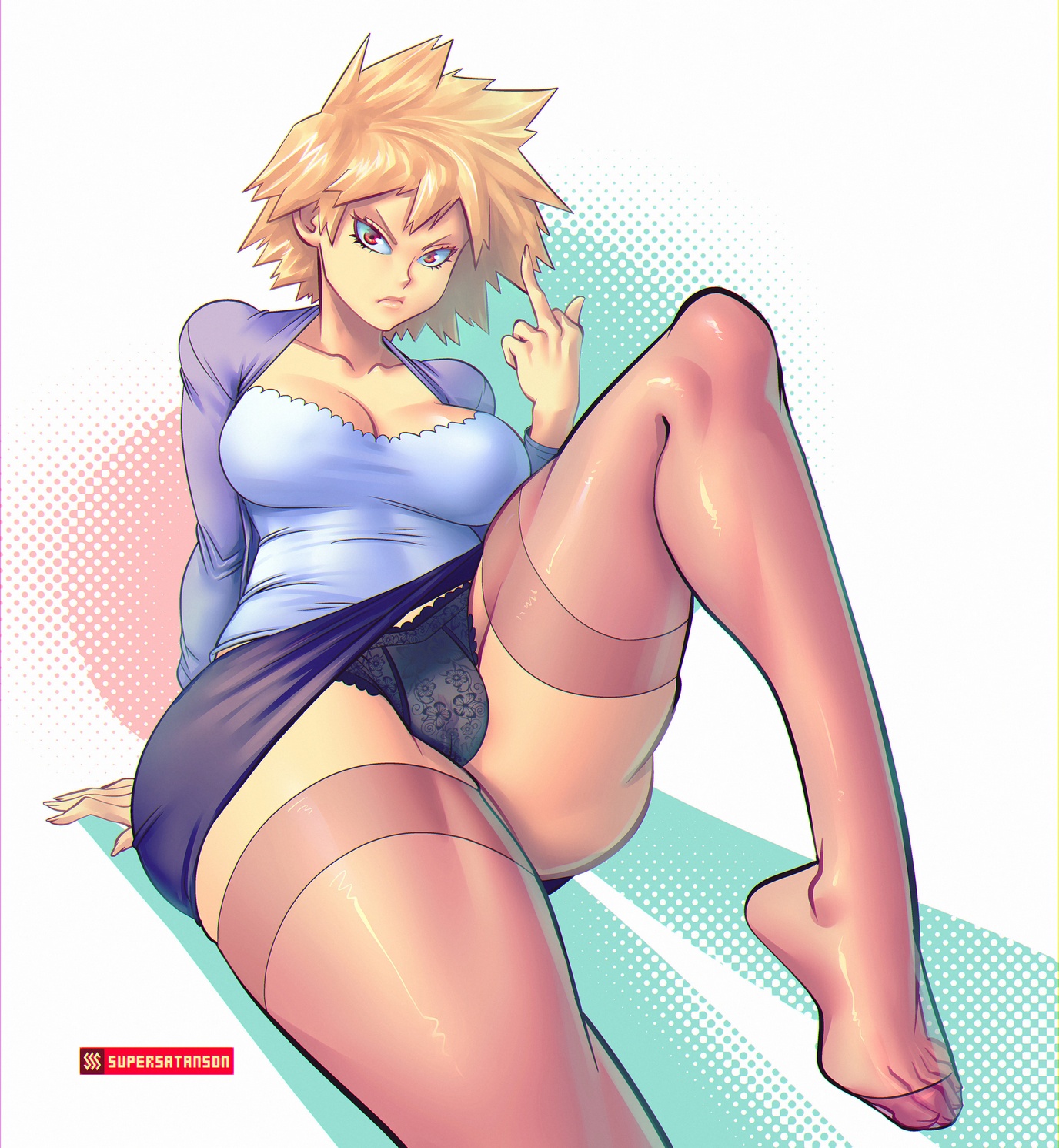 1girls, black panties, blonde hair, breasts, cleavage, female, female only, glaring, highres, large breasts, leg up, looking at viewer, mature, milf, mitsuki bakugou, my hero academia, panties, pencil skirt, red eyes, sitting, skirt, solo, spiked hair, supersatanson, thick thighs, thighhighs, thighs, underwear