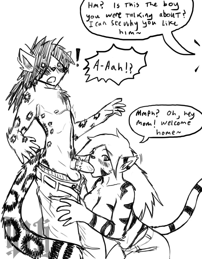 ! 2011 anthro barbed_penis blush breasts clothed clothing dialogue english_text feline fellatio female fur furry furry_only hair illuminatii jessie_(illuminatii) leopard male mammal monochrome no_humans oral penis sex snow_leopard straight text tiger tom_(illuminatii) topless