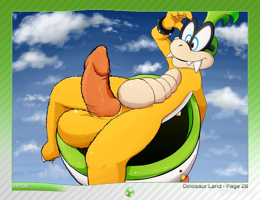 1boy canvaskat cloud edit iggy_koopa koopa_clown_car koopaling looking_at_penis male male_only mario_(series) outdoors penis sky solo tagme testicles