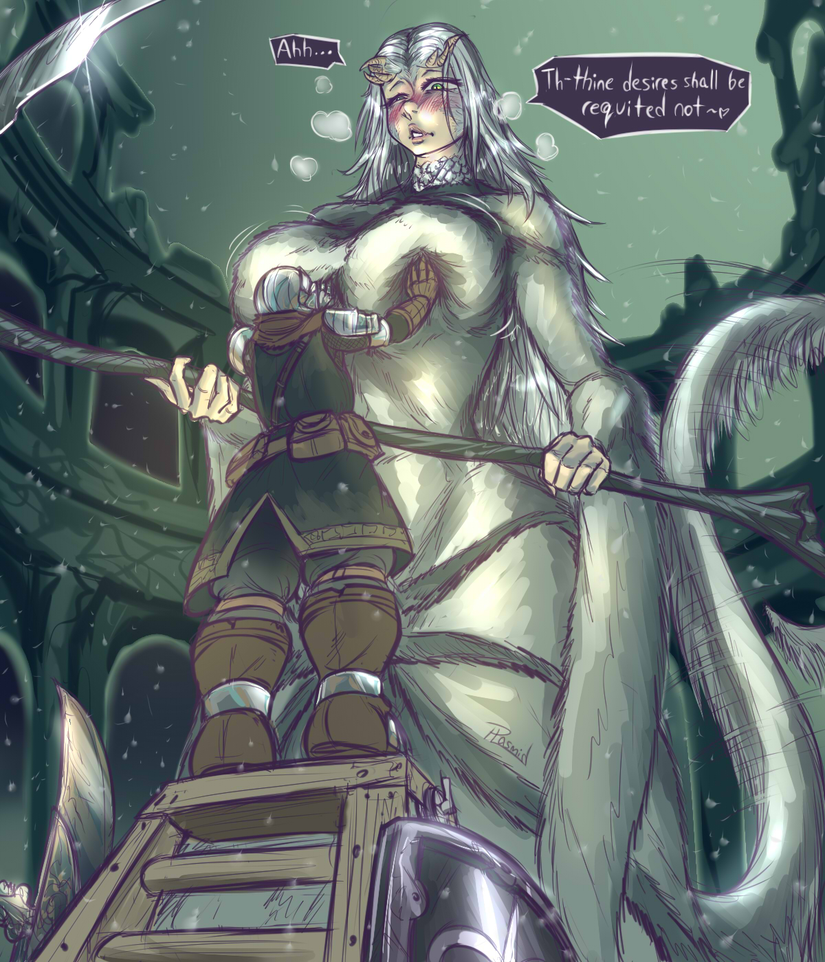 1boy, 1girls, blush, breast grab, breasts, chosen undead, clothed, crossbreed priscilla, dark souls, female, fromsoftware, giantess, green eyes, heavy breathing, huge breasts, human, interspecies, male, plasmidhentai, scythe, size difference, tail, text