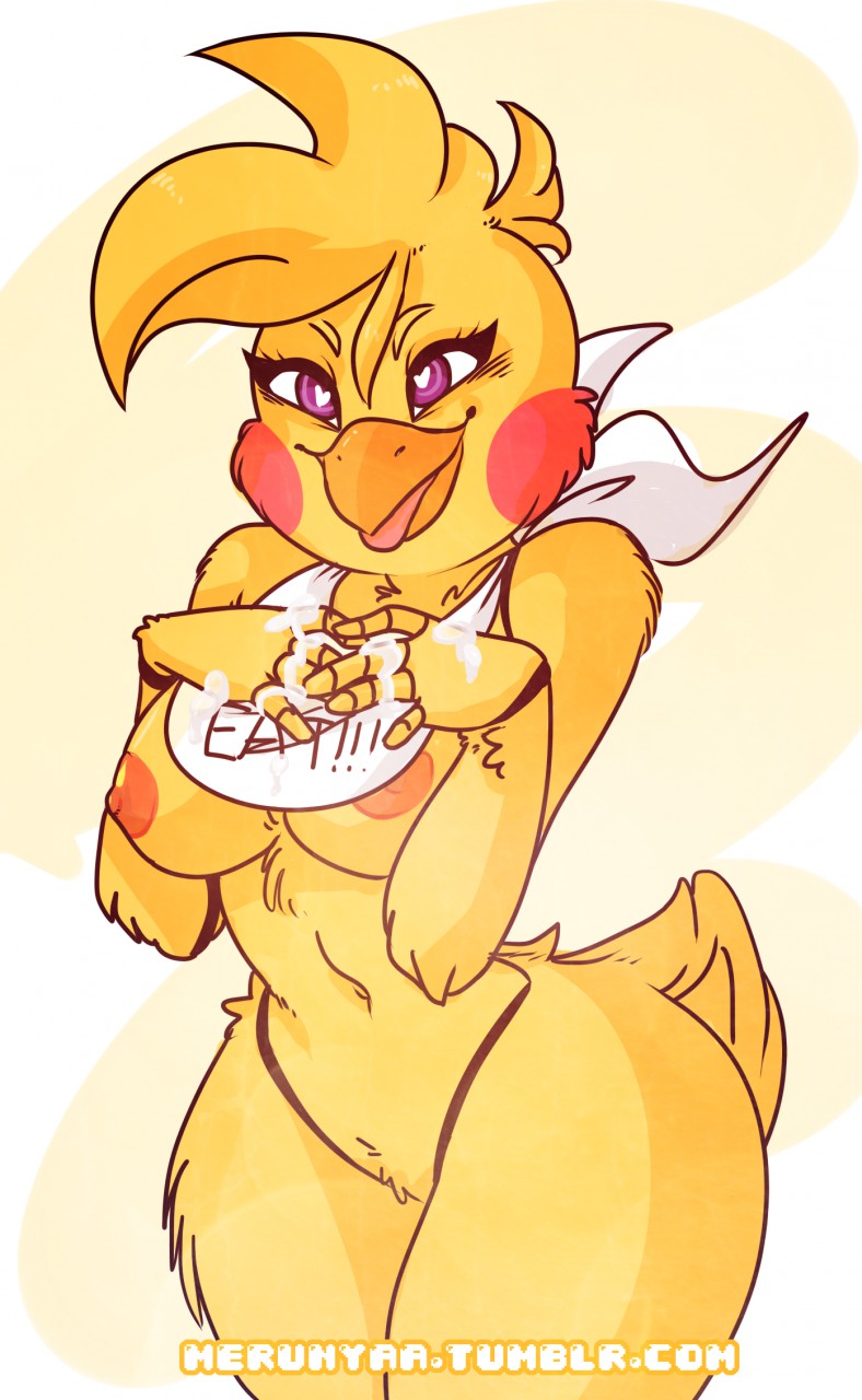 animatronic, anthro, avian, avian humanoid, beak, bib, big breasts, bird, blush, breasts, chicken, cum, cum on breasts, feathers, feathers-ruffled, featureless crotch, female, five nights at freddy's, furry, heart eyes, hourglass figure, merunyaa, non-human, non-mammal breasts, purple eyes, red cheeks, robot, robot girl, seductive, seductive look, seductive smile, solo, tail feathers, thick thighs, tongue, tongue out, toy chica (fnaf), voluptuous, wide hips, yellow feathers
