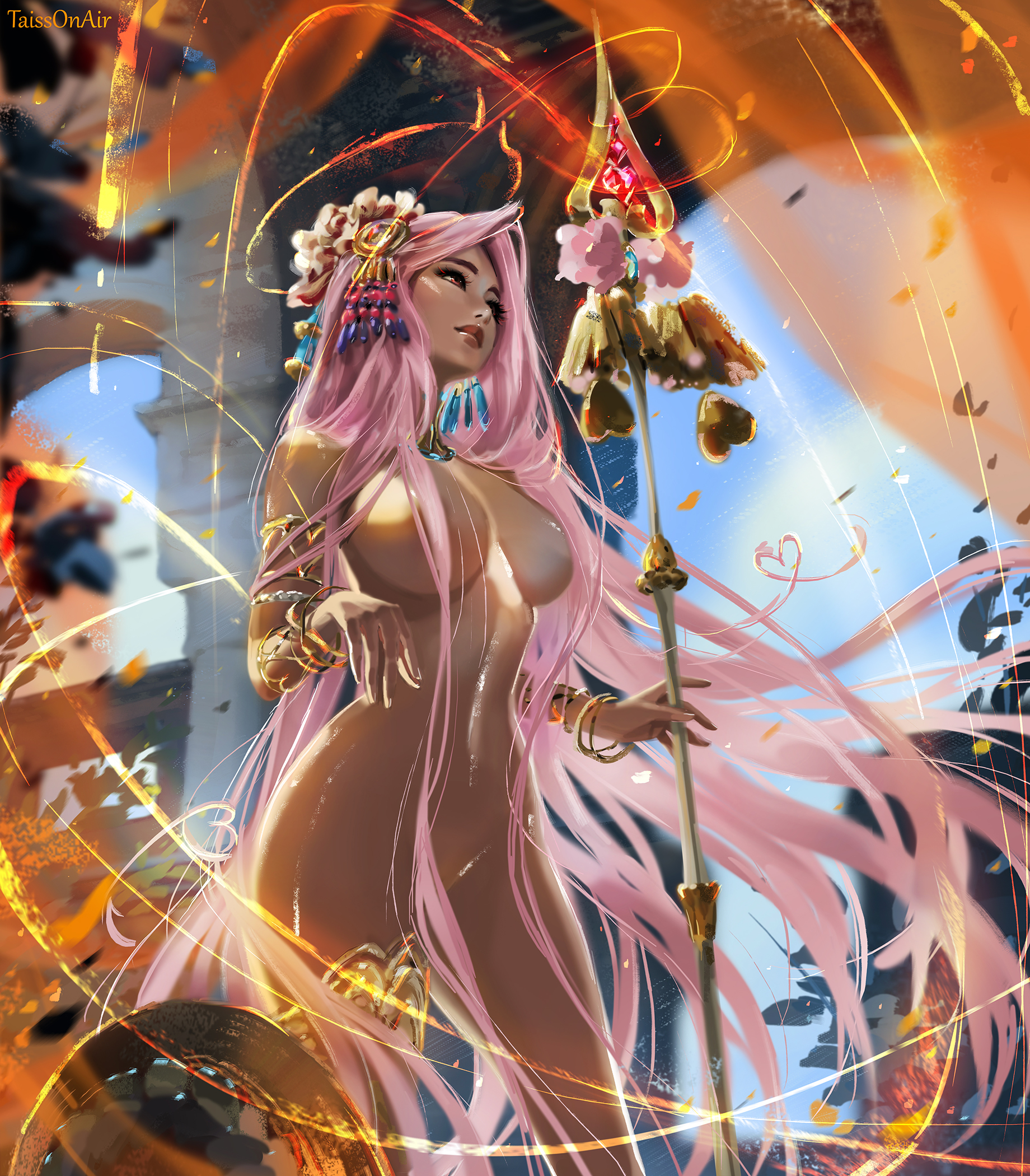 aphrodite (hades), casual, convenient censoring, dark skin, female, goddess, hades (game), human, jewelry only, naked, nonsexual, nonsexual nudity, nude, nudist, pink hair, tagme, taissonair, tattiart
