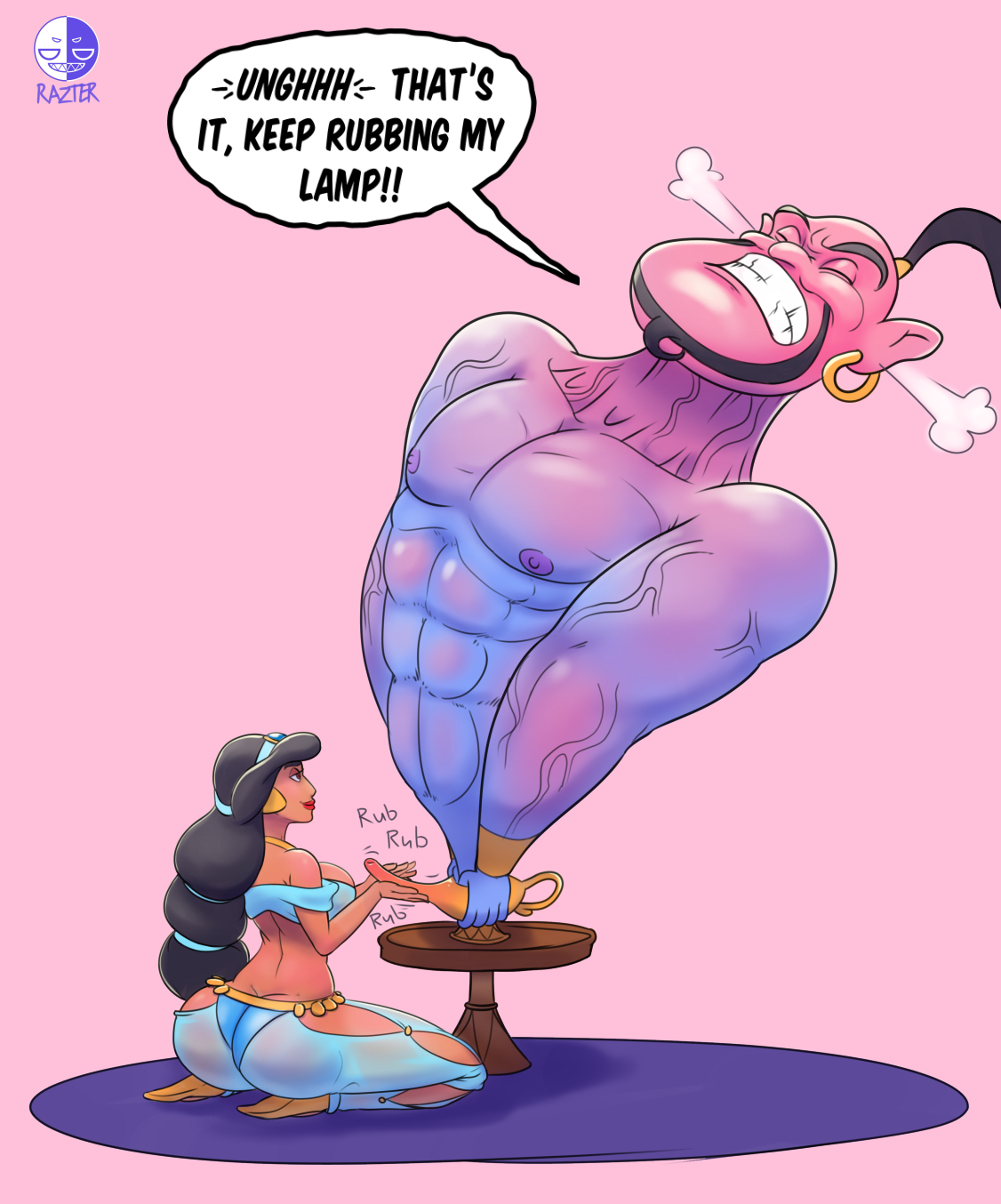 1boy, 1girls, abs, aladdin, alternate breast size, arabian clothes, ass, big ass, big breasts, big penis, black hair, blue skin, breasts, clenched teeth, dark skin, dark-skinned female, disney, disney princess, earrings, erect penis, female, genie, genie (aladdin), genie lamp, harem outfit, heavy breathing, human, implied handjob, kneeling, legs, lipstick, long hair, magic lamp, male, muscular, muscular male, necklace, penis, princess jasmine, razter, rubbing, sexually suggestive, smile, straight, text, thick thighs, thin waist, veins, watermark, wide hips, wince