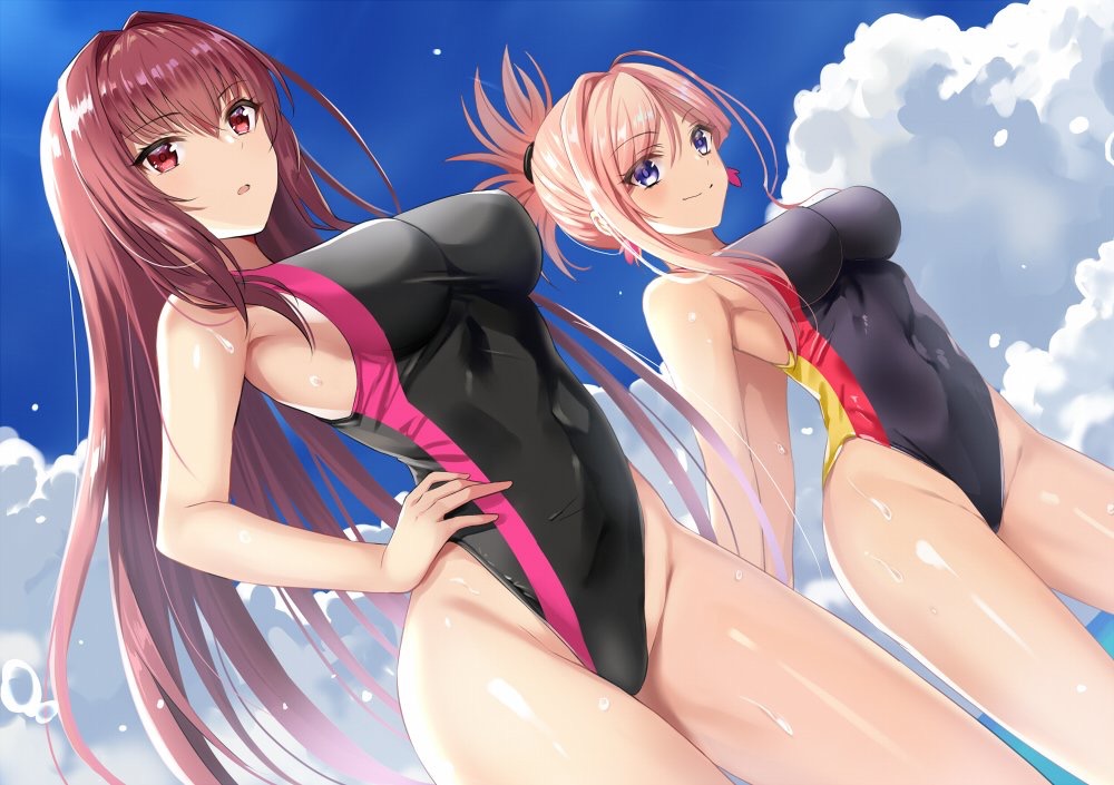 2girls, breasts, fate (series), fate/grand order, female, harimoji (artist), large breasts, looking at viewer, miyamoto musashi (fate), purple hair, red eyes, scathach (fate), swimsuit, thighs