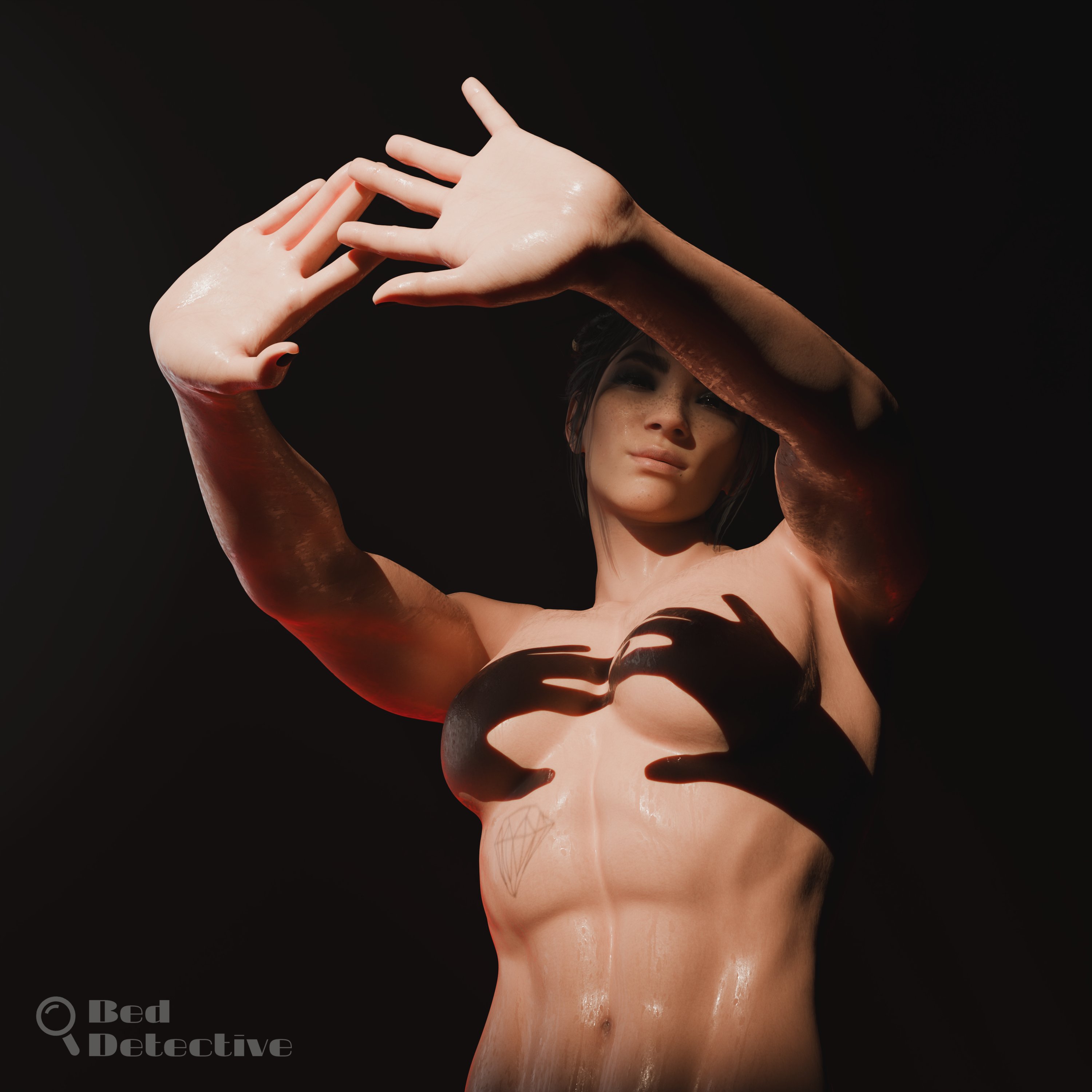 3d, abs, athletic female, beddetective, biceps, big breasts, breasts, convenient censoring, covered nipples, cyberpunk 2077, dark skin, dark skinned female, featureless breasts, female, hands casting shadow, meme, muscles, muscular arms, muscular female, narrowed eyes, no nipples, obliques, panam palmer, reference, shadow