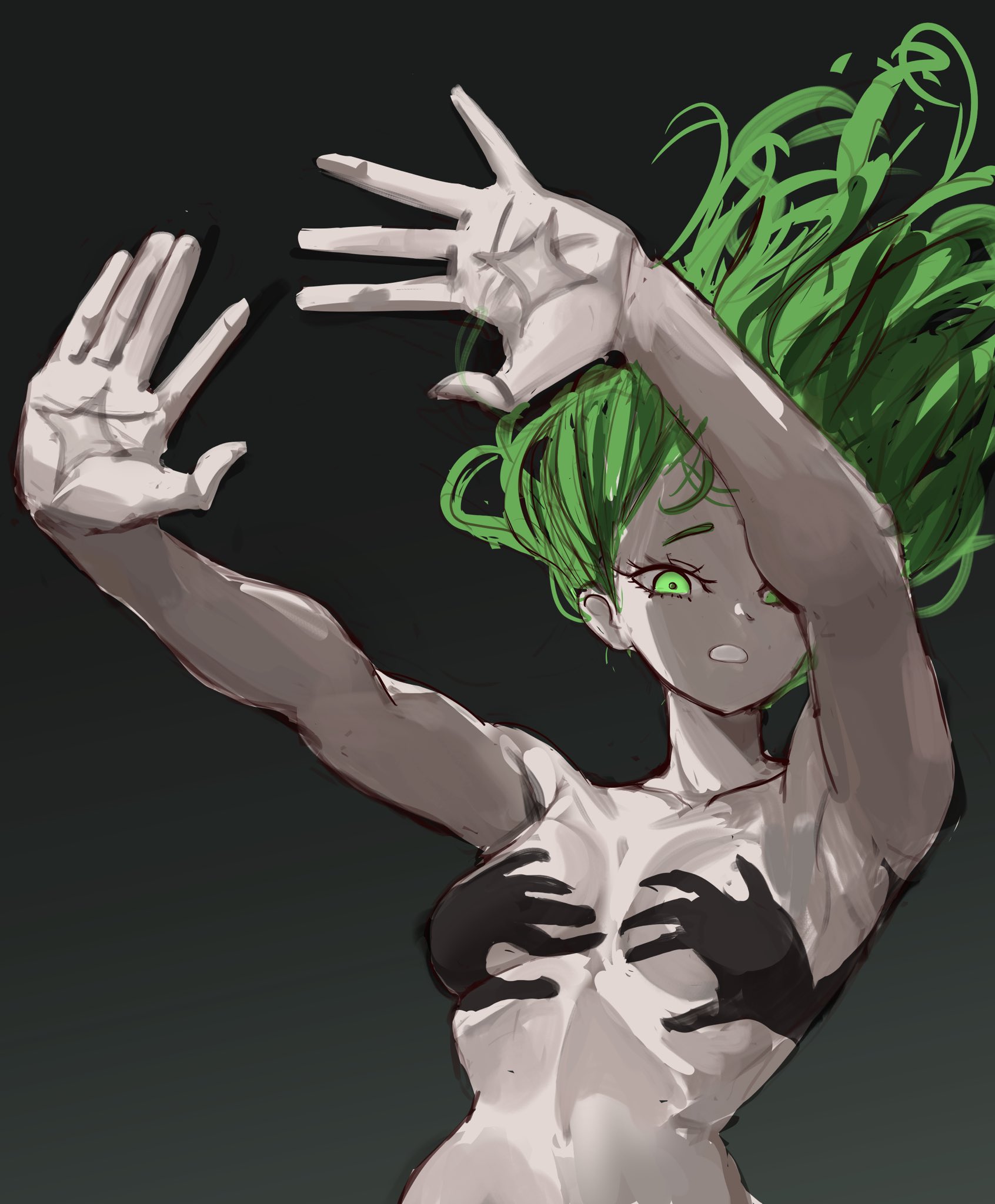 1girl, 1girls, arms extended, artistic nude, convenient censoring, covering breasts, female, female only, green eyes, green hair, hands casting shadow, highres, one-punch man, rakeemspoon, shadow, solo, solo female, tagme, tatsumaki