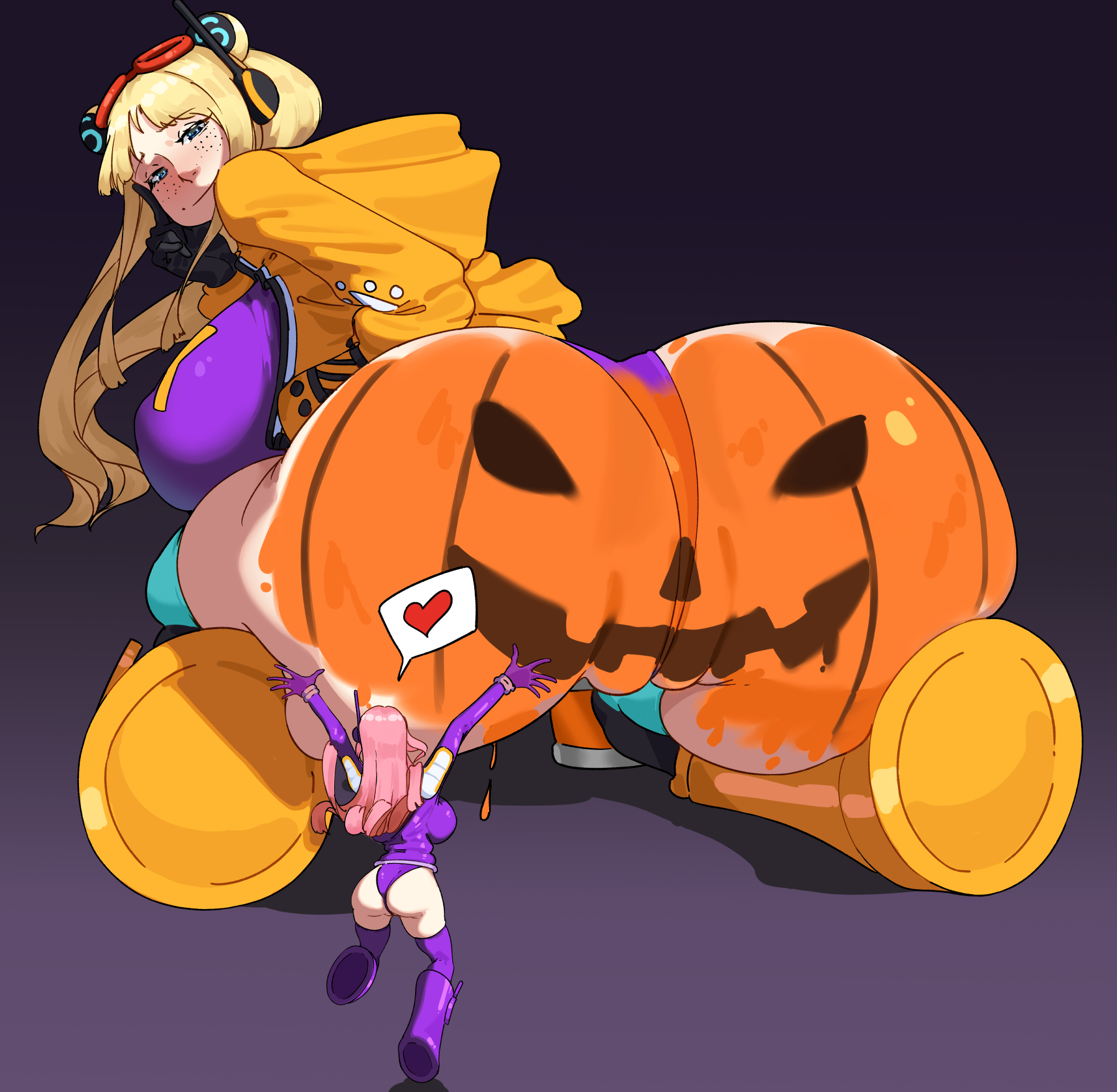 <3, 2girls, 47 hard, all fours, ass, ass focus, blonde hair, blonde-haired female, blush, boots, bottomless, dumptruck ass, female, female only, freckles, headgear, huge breasts, imminent sex, jacket, jewelry bonney, looking back, massive ass, mini giantess, one piece, paint, pantyhose, pink hair, pink-haired female, presenting, pumpkin, pumpkin butt, sideboob, size difference, smile, smiling, solo focus, squatting, squish, thick thighs, twintails, vegapunk york, yuri