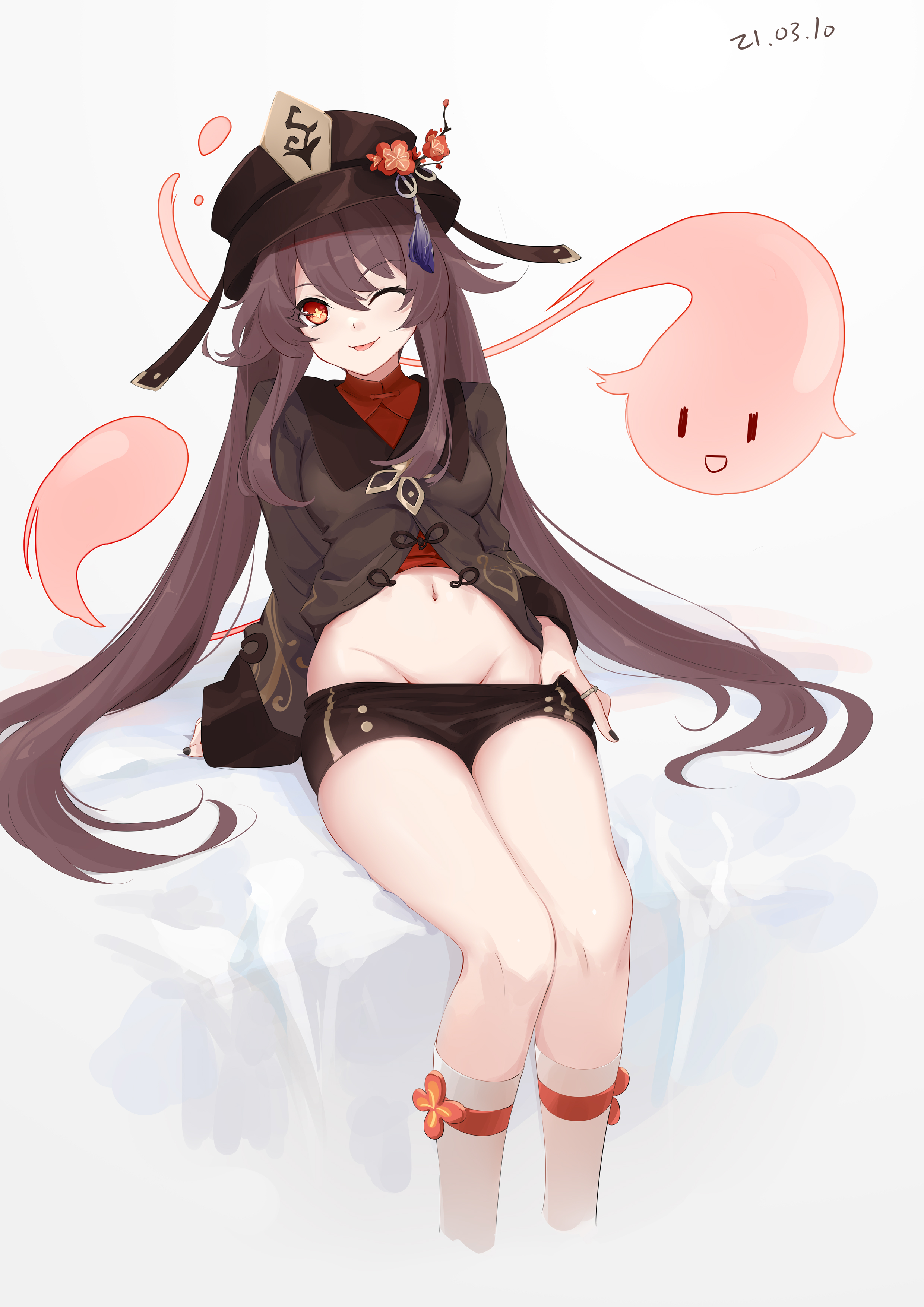 1girls, belly button, boo tao (genshin impact), female, female focus, female only, genshin impact, ghost, groin, hat, hi res, hu tao (genshin impact), looking at viewer, naughty face, navel, no panties, short shorts, shorts, shorts pull, socks, teasing, wink