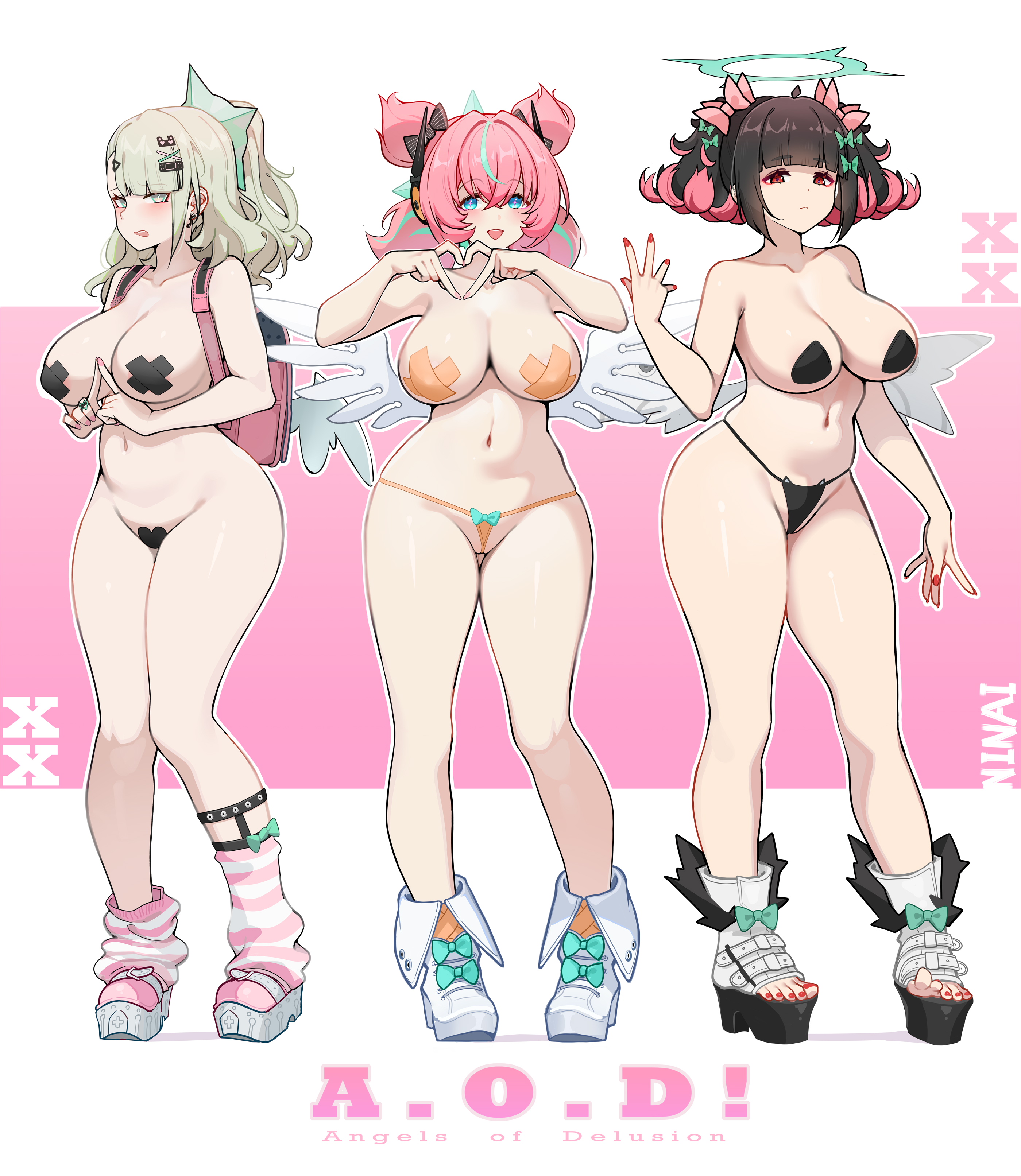 3girls, absurdres, aged up, alternate breast size (larger), angels of delusion, aria (zenless zone zero), aria (zenless zone zero) (human form), bare shoulders, black hair, black panties, blue eyes, blunt bangs, blush, breasts, chinatsu remiel, cleavage, colored nails, full body, green eyes, green hair, hair ornament, hairclip, halo, highres, large breasts, long hair, looking at viewer, maebari, medium hair, multicolored hair, multiple girls, nangong yu (zenless zone zero), navel, ninai, open mouth, painted nails, painted toenails, panties, pasties, pink hair, red eyes, rokudo sariel, shoes, side ponytail, smile, socks, sunna (zenless zone zero), thick thighs, twintails, underwear, wide hips, yutane johiel, zenless zone zero