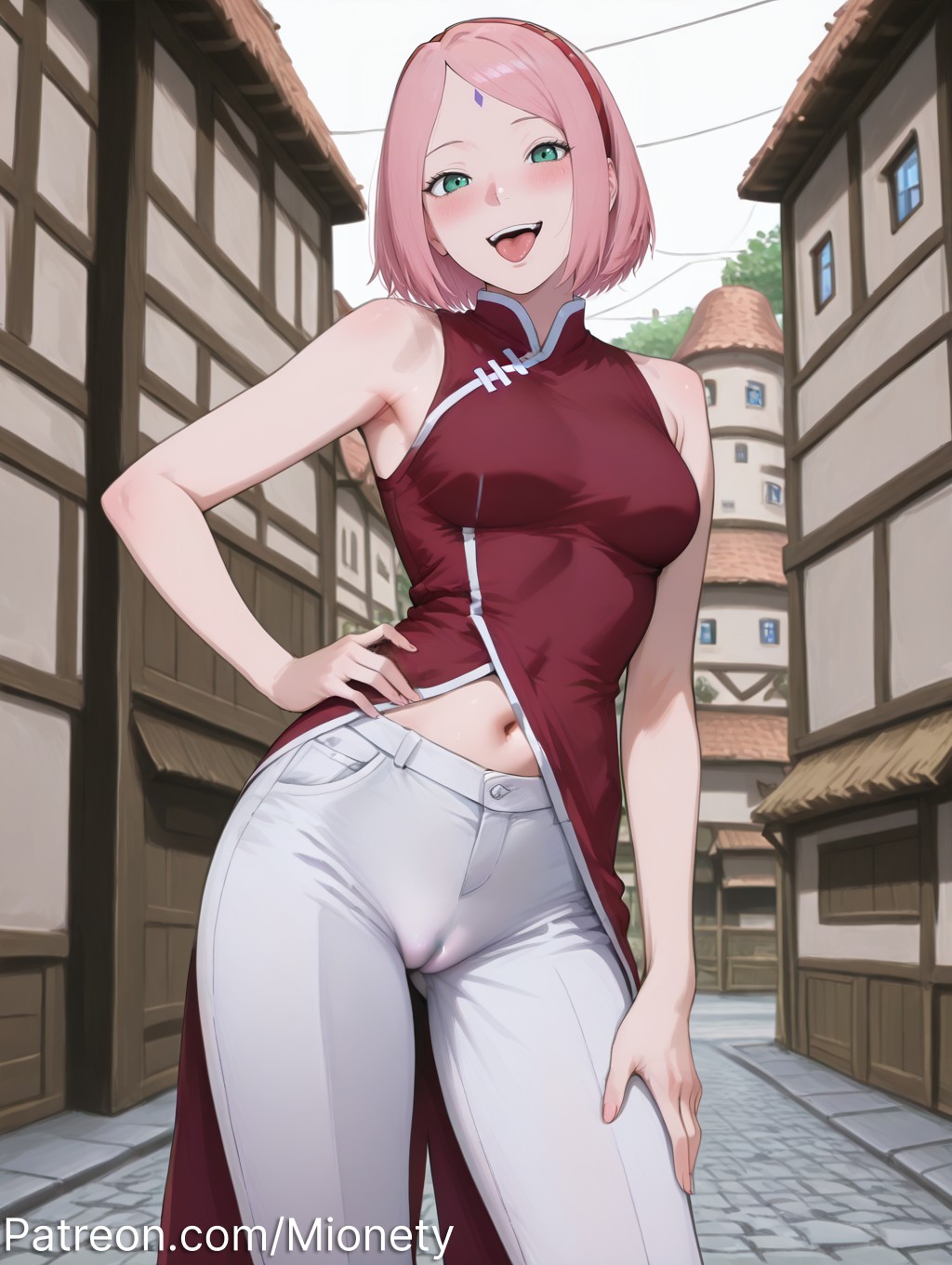 :d, ai generated, ai-assisted, alternate breast size, armpits, artist name, bare arms, bare shoulders, blush, bob cut, boruto: naruto next generations, breasts, building, cameltoe, china dress, chinese clothes, commentary, contrapposto, cowboy shot, day, dress, english commentary, facial mark, fanbox username, female, forehead mark, forehead protector, from below, green eyes, hairband, hand on own hip, hand on own thigh, highres, looking at viewer, medium breasts, midriff, mionety, naruto, naruto (series), navel, open mouth, outdoors, paid reward available, pants, parted bangs, patreon username, pink hair, rating questionable, rating sensitive, red dress, red hairband, sakura haruno, shirt, short hair, sky, sleeveless, sleeveless dress, sleeveless shirt, small breasts, smile, solo, standing, stomach, teeth, thighs, tits, twitter logo, upper teeth only, watermark, web address, white pants, year 2022, year 2023, year 2024