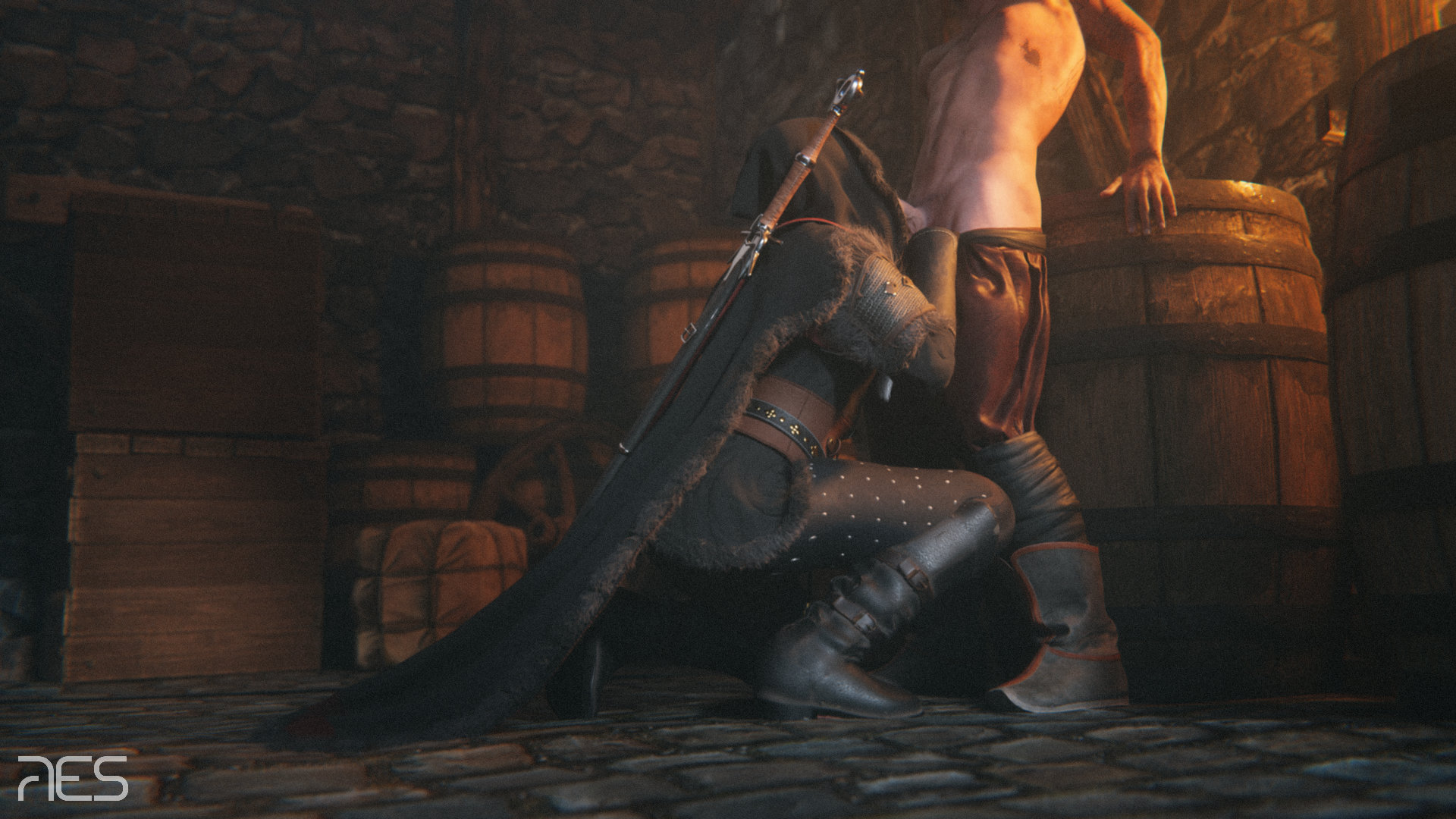 3d, back view, big penis, boots, cd projekt red, ciri, female, gloves, hood, imminent fellatio, imminent oral, kneeling, kneeling oral position, light skin, light-skinned female, light-skinned male, male, pants down, penis, res (artist), sword, the witcher (series), the witcher 4, undressing another, witcherres