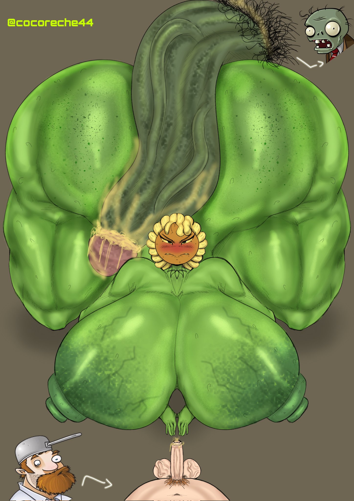 1girls, 2boys, angry, angry face, anthro, anthrofied, ass, ass focus, big breasts, breasts, cocoreche, crazy dave (pvz), female, flora fauna, freckles, hyper, hyper ass, hyper breasts, hyper penis, larger female, nasty, plant, plant girl, plant humanoid, plantie, plants vs zombies, plants vs. zombies, popcap games, pov, smegma, smelly, sunflower (pvz), sweat, vein, veiny penis, veiny testicles, zombie (pvz)