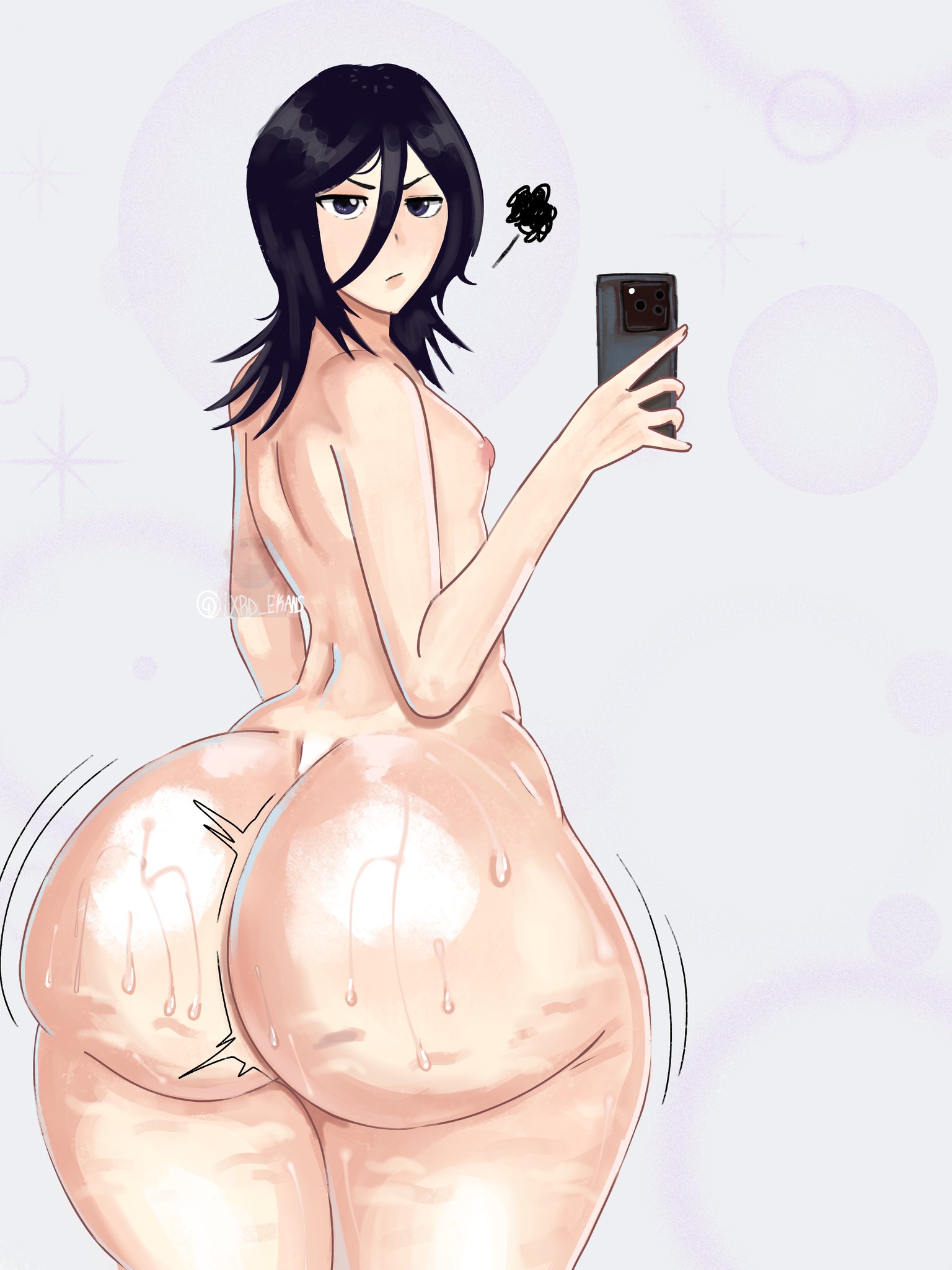1girls, alternate version available, ass, ass focus, big ass, black hair, bleach, bottomless, breasts, bubble butt, cellulite, completely nude, completely nude female, female, female focus, female only, flat chest, flat chested, from behind, huge ass, jiggle, jiggling ass, kuchiki rukia, looking at viewer, looking back, lxrd ekans, nude, nude female, phone, selfie, short hair, silk clothing, small breasts, solo, solo female, solo focus, sweat, sweating, sweaty, sweaty ass, sweaty body, thick, thick ass, thick thighs, wobbling ass