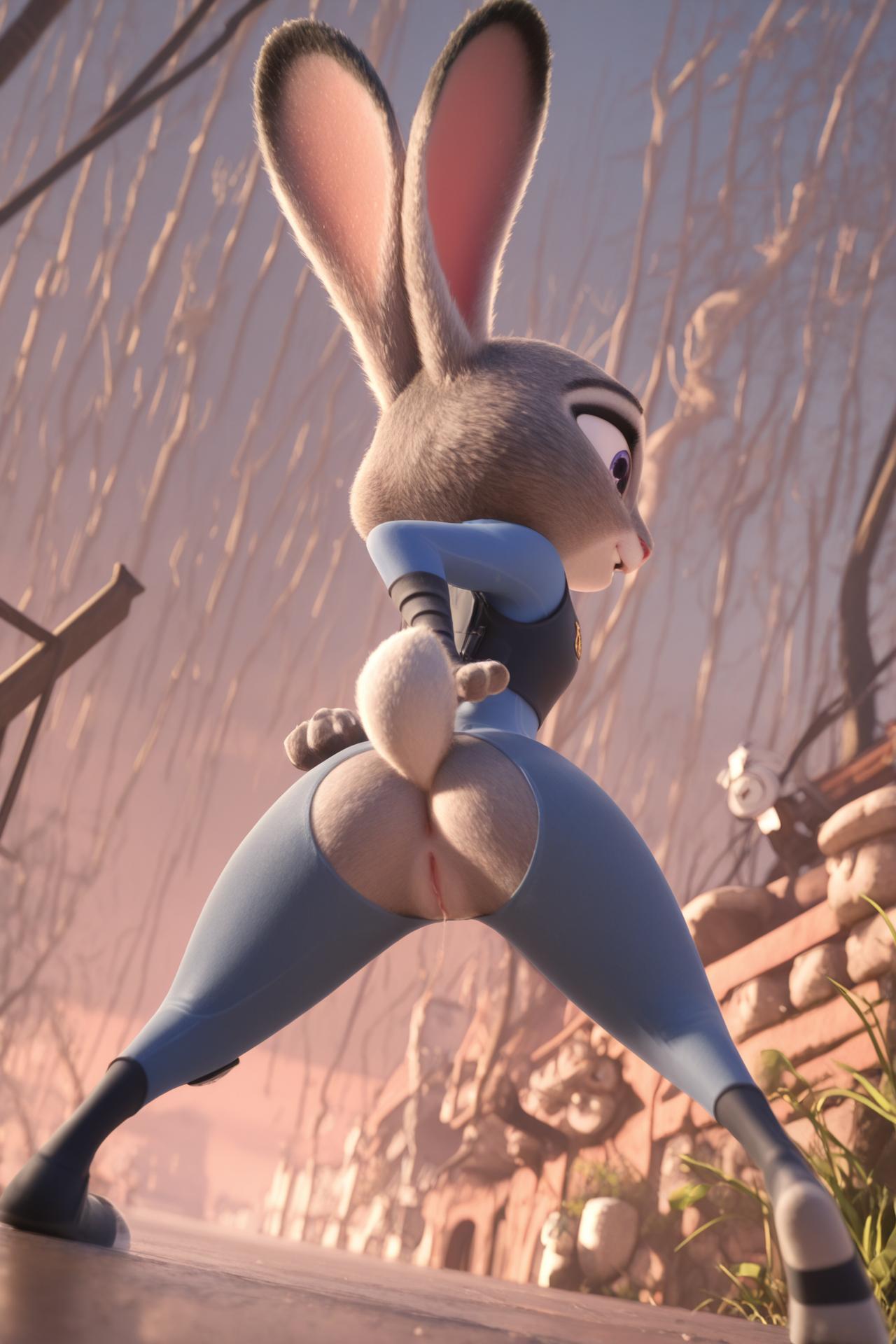 accurate art style, ai generated, ass, from behind, furry, judy hopps, justsomebuddy, pussy, torn clothes, zootopia