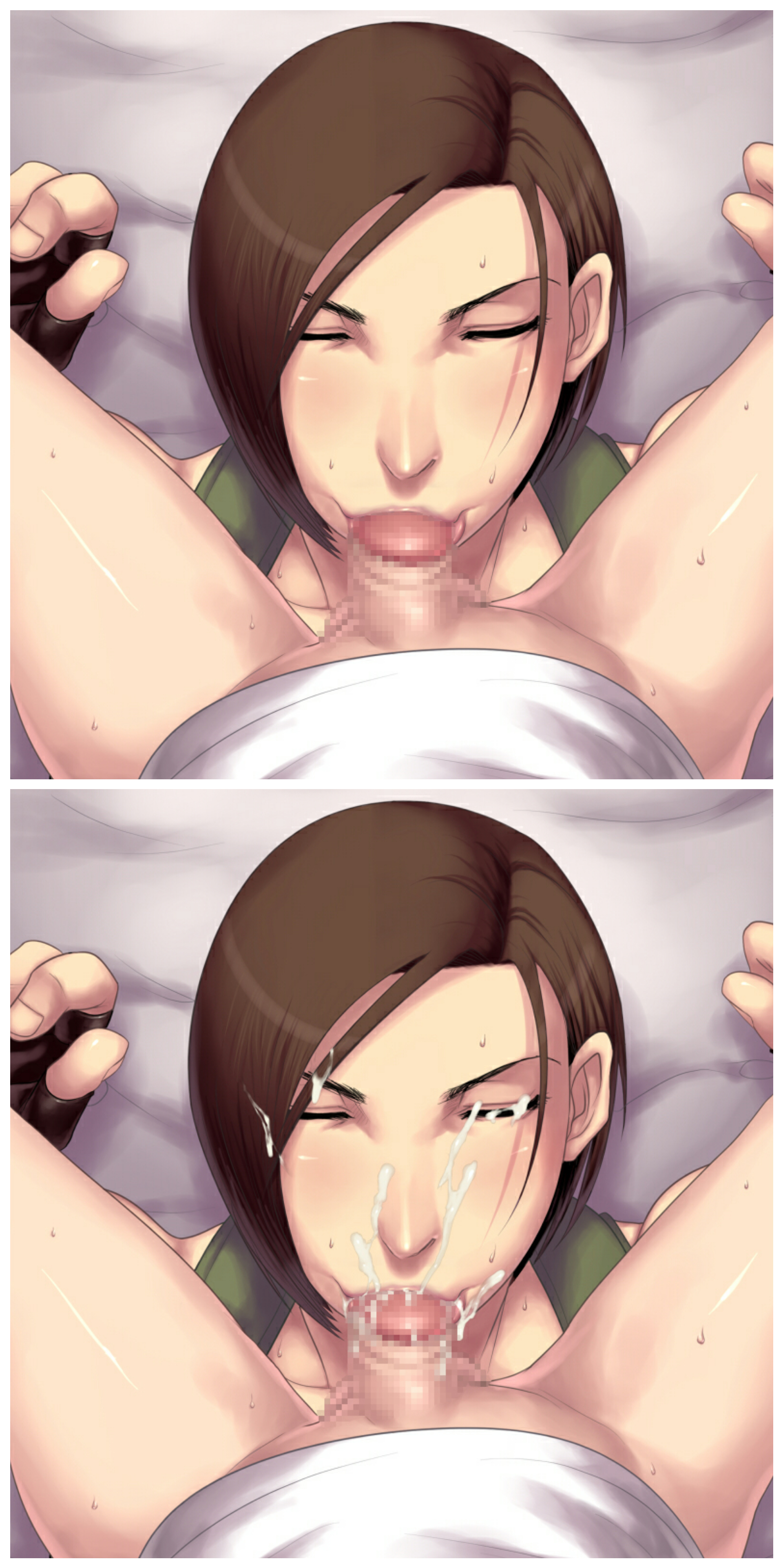 :>=, 1boy, bed, bottomless, brown hair, capcom, censored, closed eyes, collarbone, cum, cum in hair, cum in mouth, facial, fellatio, female, fingerless gloves, gloves, jill valentine, jill valentine (julia voth), larger female, lying, male, mosaic censoring, on bed, oral, partial male, penis, pov, resident evil, resident evil 3, sawao, short hair, sitting, sitting on person, size difference, small penis, small penis adoration, smaller male, solo focus, straight, sweat, sweatdrop
