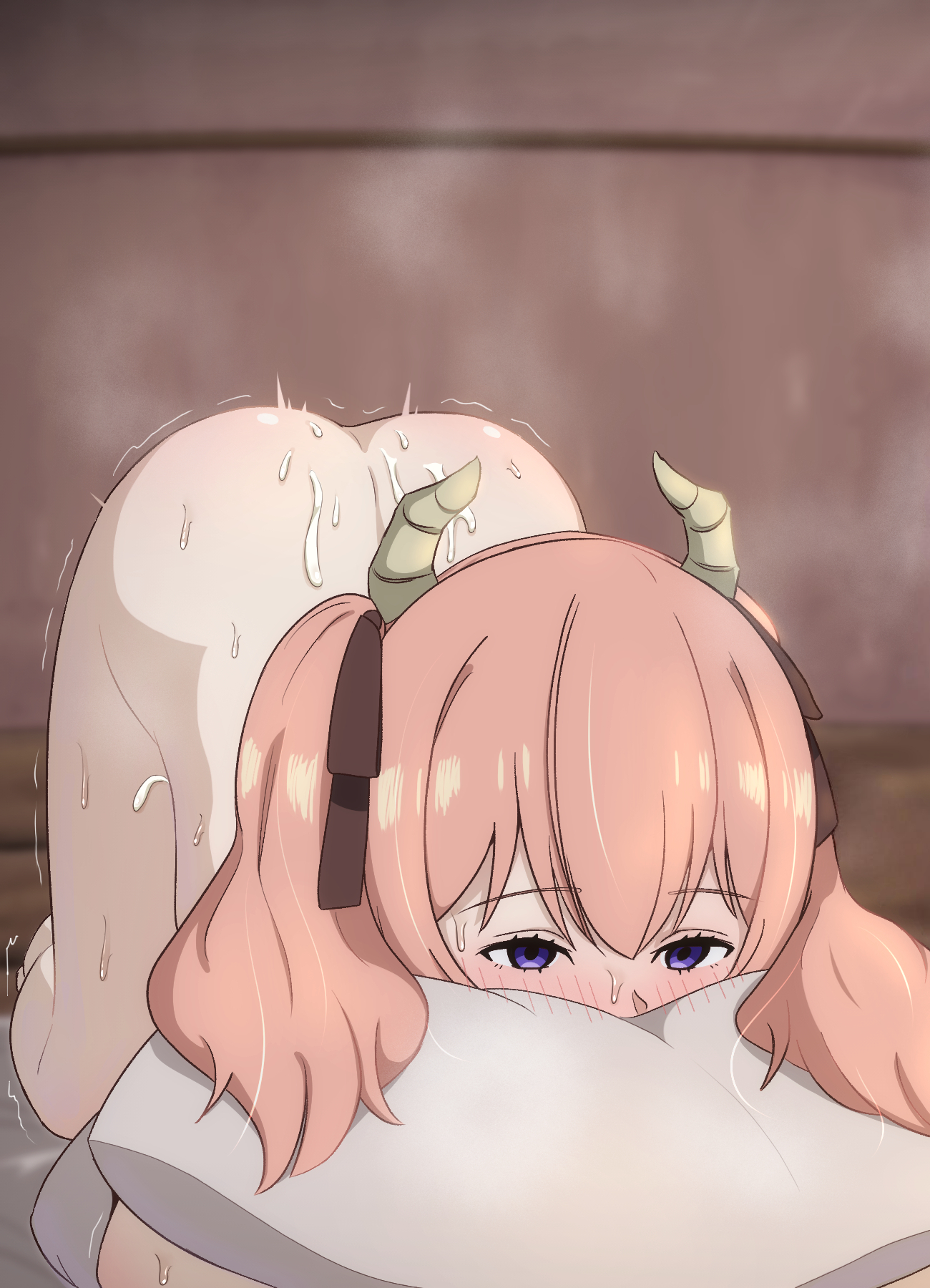 1girls, after creampie, after sex, afterglow, all fours, arehoko, ass, bed, black ribbon, blurry, blurry background, blush, breasts, completely nude, cum, cum in pussy, cum on ass, cum on body, demon, demon female, demon girl, demon horns, empty eyes, face in pillow, female, female demon, female only, frieren beyond journey's end, hair ribbon, half-closed eyes, hi res, high resolution, highres, horns, hugging object, indoors, laying on bed, light skin, light-skinned female, linie (sousou no frieren), lying, medium hair, nude, on bed, peach hair, pillow, pillow hug, pink hair, purple eyes, red hair, ribbon, satisfied, satisfied female, satisfied look, short hair, sidelocks, sole female, sousou no frieren, steaming body, sweat, top-down bottom-up, torogao, trembling, twintails