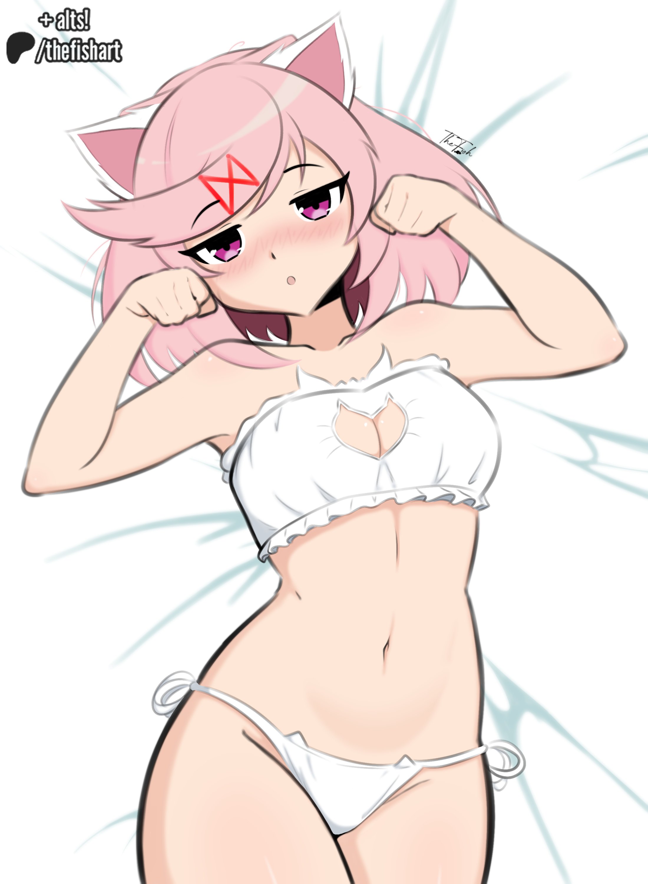 1girls, blush, blushing at viewer, boob window, cat ears, doki doki literature club, fake animal ears, female, female only, lingerie, natsuki (doki doki literature club), on bed, patreon logo, patreon username, pink eyes, pink hair, short hair, solo, thefishart, underwear