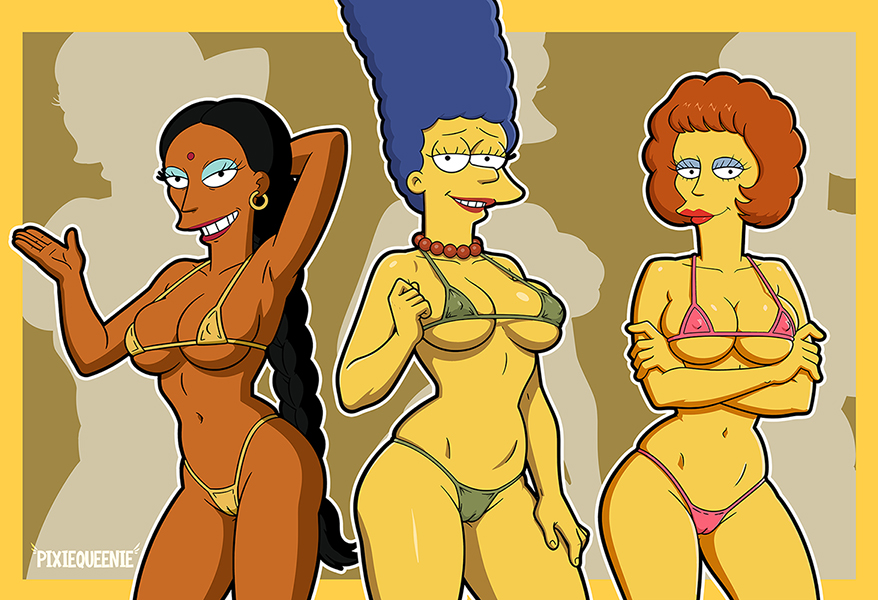 3girls, ass, big ass, big breasts, big thighs, blue hair, breasts, brown body, brown skin, brown-skinned female, curvaceous, curvy, curvy figure, digital media (artwork), female, female only, hips, hourglass figure, huge ass, huge breasts, large ass, large breasts, legs, manjula nahasapeemapetilon, marge simpson, mature, mature female, maude flanders, milf, multiple girls, pixiqueenie, slim waist, the simpsons, thick, thick hips, thick legs, thick thighs, thighs, voluptuous, waist, wide hips, wide thighs, wife, yellow body, yellow skin, yellow-skinned female