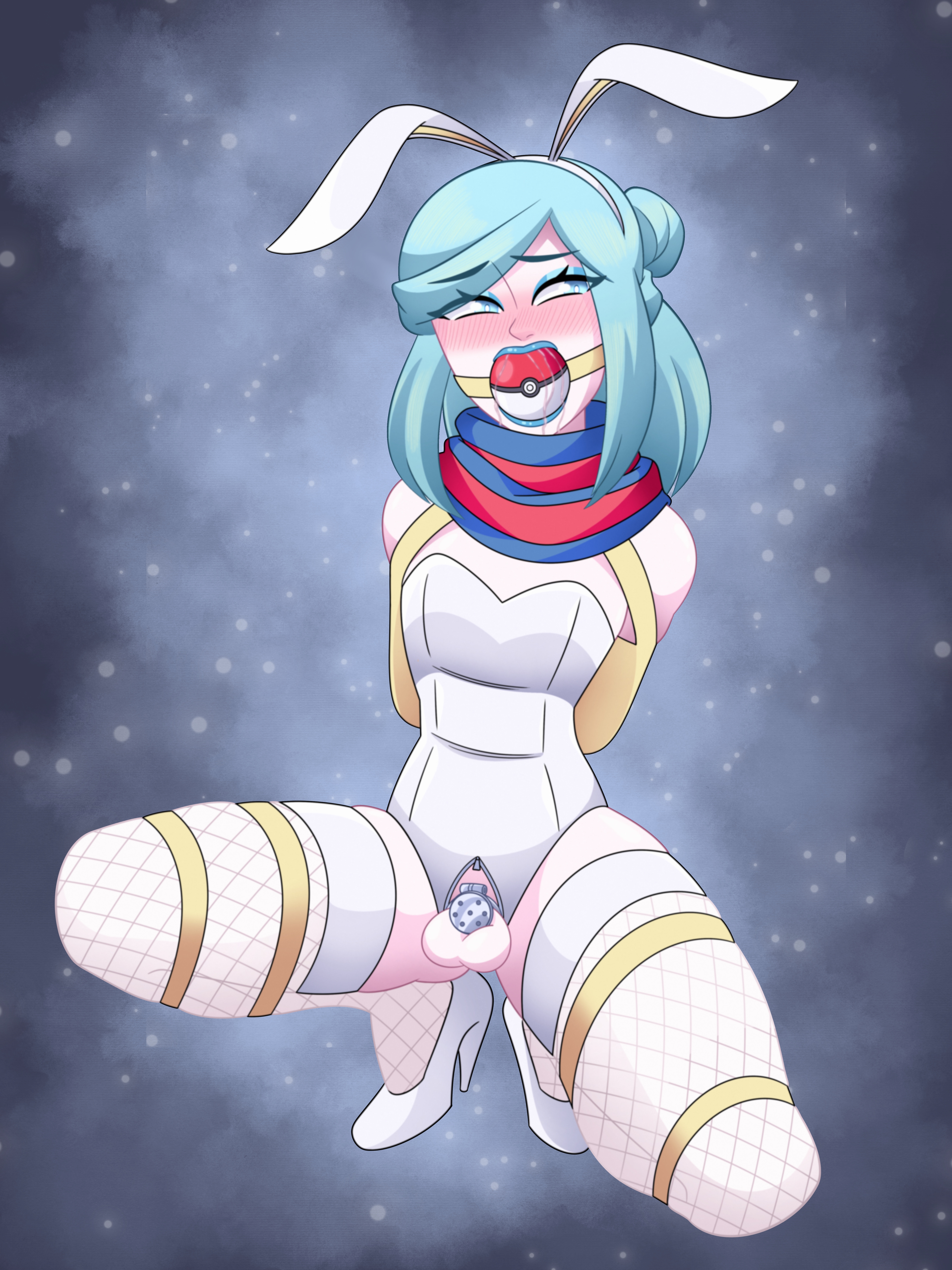 1boy, 2d, armbinder, arms behind back, ball gag, balls, bearbuckscoffee, blue eyes, blue hair, blue lips, blue lipstick, bondage, bound, bound arms, boxbinder, bunny ears, bunnysuit, chastity cage, chastity device, color, crossdressing, crossdressing male, crotch cutout, drool, drooling, eyeshadow, femboy, femboy only, fishnet stockings, fishnets, flat chastity cage, full color, gag, gagged, gradient background, grusha (pokemon), headband, high heels, human, leotard, lipstick, makeup, male, male only, malesub, playboy bunny leotard, pokemon, pokemon sv, pumps, shoes, solo, stockings, strapless leotard, testicles, thighhighs