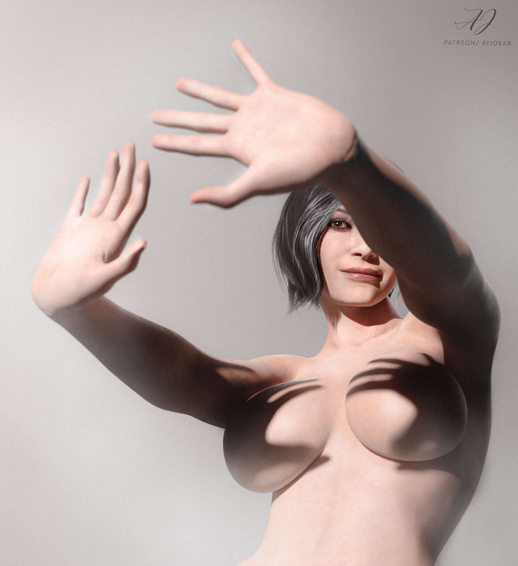 1girls, 3d, 5 fingers, ada wong, ada wong (adriana), aged up, asian, asian female, big breasts, big lips, big mouth, black hair, bob cut, breasts, capcom, child bearing hips, content smile, convenient censoring, covered nipples, cropped torso, curvaceous, curvaceous body, curvaceous female, curvaceous figure, curvaceous hips, curvaceous thighs, featureless breasts, female, female only, full lips, grey background, grey hair, grey highlights, hand focus, hands, hands casting shadow, jokar, light skin, light-skinned female, lips, mature, mature woman, medium breasts, meme, no nipples, older female, patreon username, reference, resident evil, resident evil 2, resident evil 2 remake, resident evil 4, resident evil 4 remake, shadow, short hair, short-haired female, smile, solo, upper body, upper body only, waifu