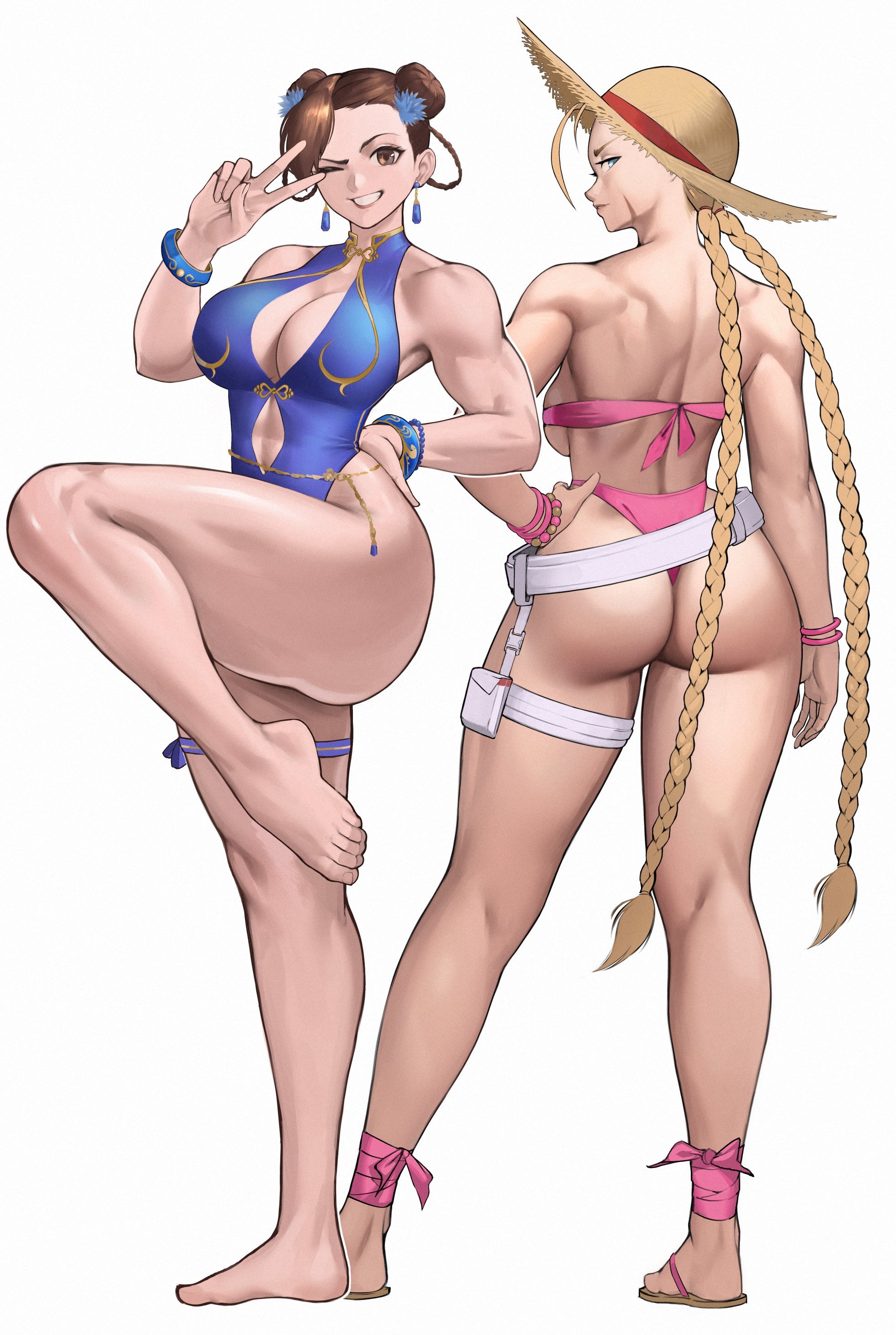 2girls, absurdres, ass, bangle, bare arms, bare shoulders, barefoot, bead bracelet, beads, belt, bikini, blonde hair, blue eyes, blue one-piece swimsuit, bracelet, braid, braids, breasts, brown eyes, brown hair, cammy white, capcom, casual one-piece swimsuit, chun-li, commentary, contrapposto, double bun, earrings, english commentary, facial scar, feet, female, female only, flip-flops, from behind, full body, grin, hair bun, hand on own hip, hat, highleg, highleg one-piece swimsuit, highres, jewelry, large breasts, long hair, looking at viewer, looking back, low twin braids, multiple bracelets, multiple girls, official alternate costume, one eye closed, one-piece swimsuit, parted lips, pink bikini, pouch, sandals, scar, scar on cheek, scar on face, simple background, smile, standing, standing on one leg, straw hat, street fighter, street fighter 6, swimsuit, thigh pouch, thigh strap, thong bikini, toes, toned, toned female, twin braids, v, very long hair, white background, white belt, zukululuu