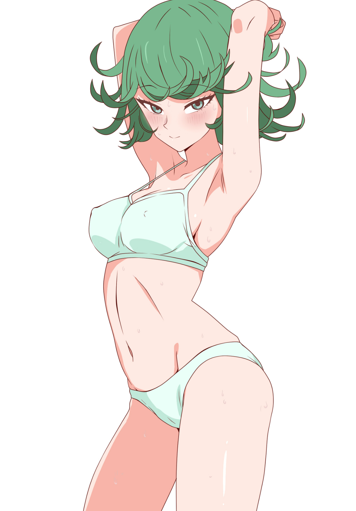 armpits, belly, bra, bra and panties, cute, cute face, female, female focus, female only, flat chest, flat chested, green bra, green eyes, green hair, green panties, hands behind head, hips, looking, looking at viewer, nipple bulge, one-punch man, pale-skinned female, panties, petite, petite female, posing, posing for the viewer, sexy, sexy body, shinky udang, short hair, skinny, skinny female, slender body, small breasts, solo, solo female, solo focus, tatsumaki, tiny breasts, tummy, v line