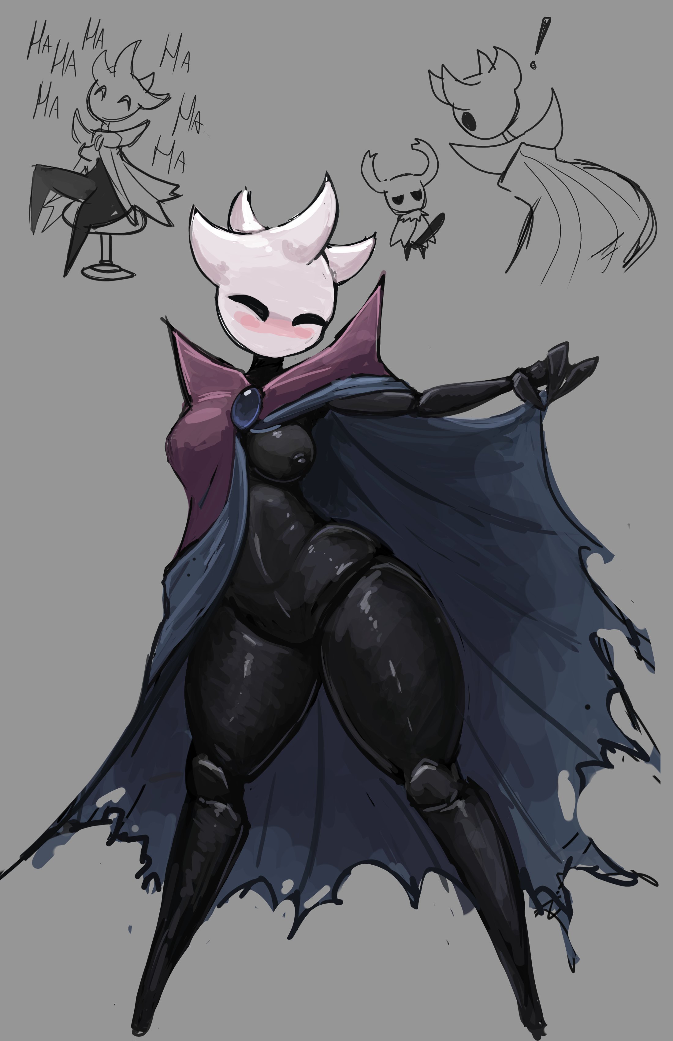 anthro, arthropod, belly, black body, blush, breasts, chair, cloak, clothing, el pantano de spyne, emilitia, female, furniture, hollow eyes, hollow knight, male, navel, nipples, protagonist (hollow knight), team cherry, the knight (hollow knight), thick thighs, vessel (species), video games