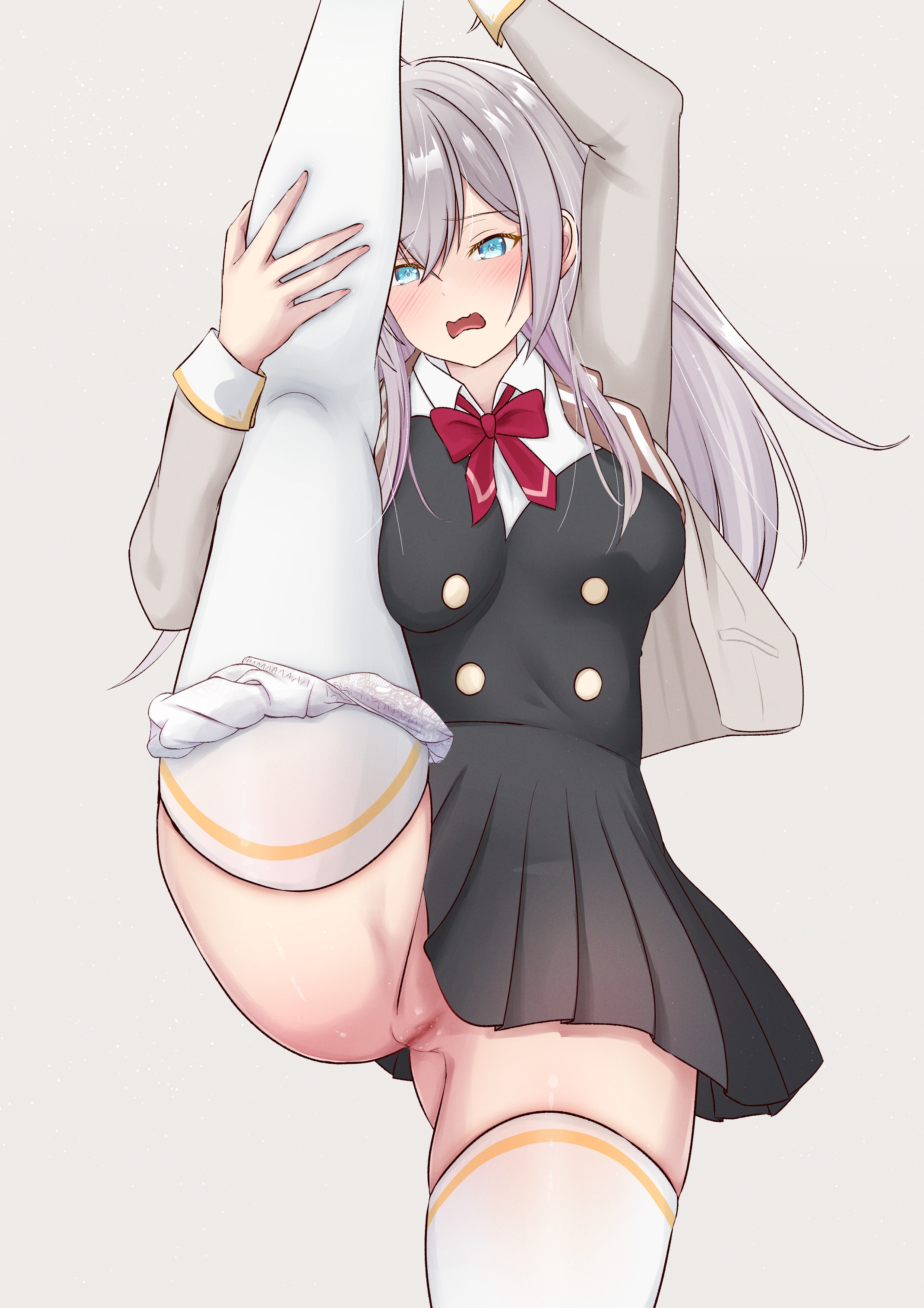 1girls, alisa mikhailovna kujou, blue eyes, blue eyes female, female, hair between eyes, legwear, nyarumon, open mouth, panties, panties around one leg, pussy, simple background, thick thighs, thighhighs, thighs, tokidoki bosotto russian de dereru tonari no alya-san, vagina, white panties, woman