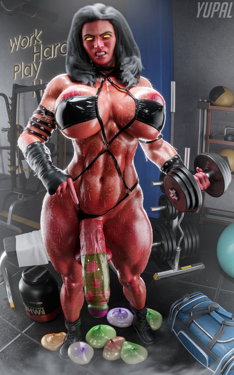 1futa, 3d, 3d (artwork), 3d model, 3d render, abs, angry, angry face, antiheroine, areola, areola slip, areolae, balls, betty ross, big breasts, big penis, black bikini, black hair, boots, breasts, condom on penis, condoms, dumbbell, english, english text, fingerless gloves, futa only, futanari, gym, looking at viewer, marvel, marvel comics, muscular, muscular futa, point of penis, protein, red body, red she-hulk, red skin, red skinned futa, ruin condom, solo, sports bag, sweaty body, wet, wet skin, yellow eyes, yupal