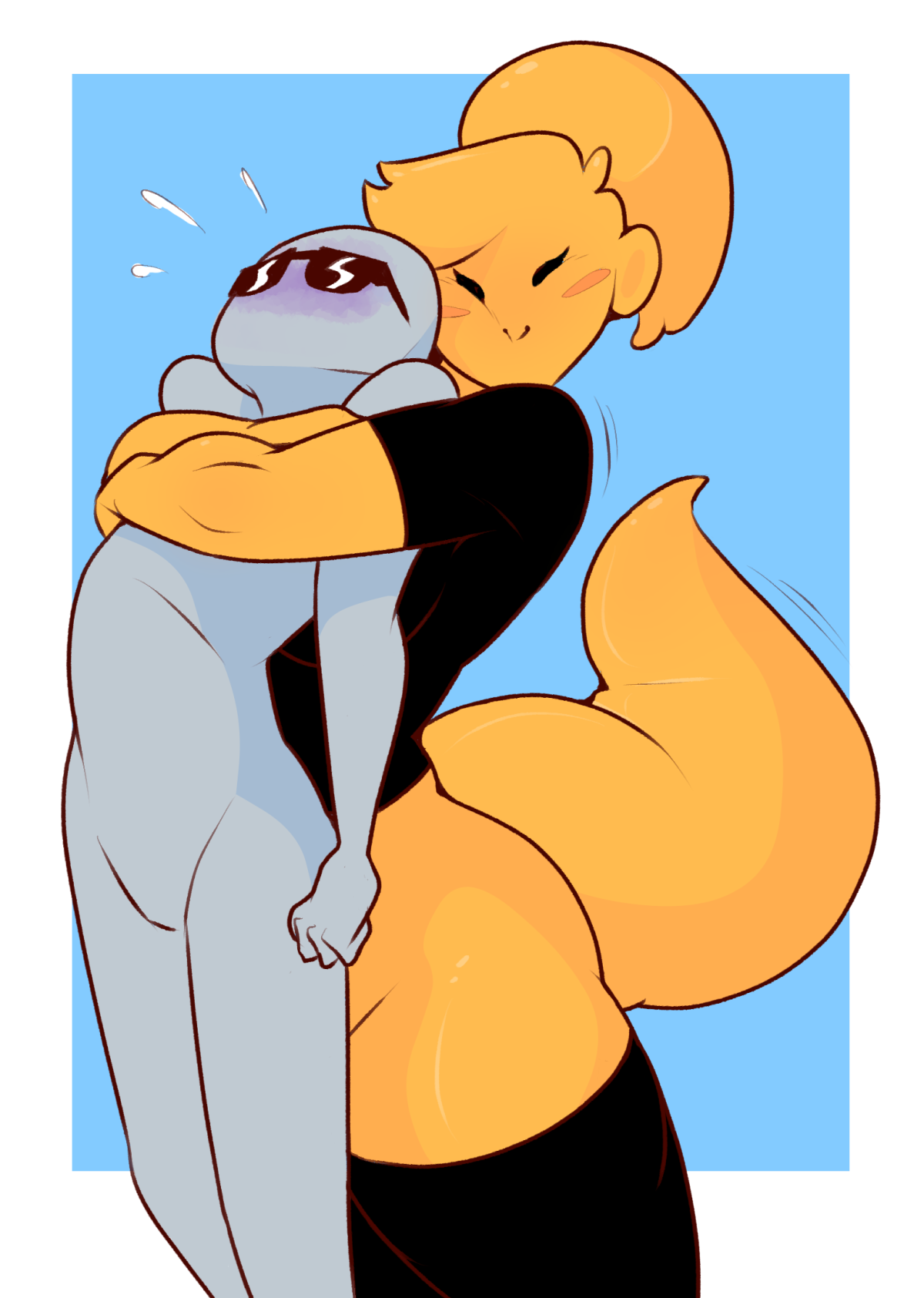 1boy, 1girls, anon, anonymous, ass, big ass, big breasts, big tail, black eyes, blue background, blush, bottomless, breasts, closed eyes, clothing, dabble, female, grey skin, hug, huge ass, hugging, hugging from behind, humanoid, large ass, long hair, male, original character, ponytail, shirt, simple background, size difference, smile, standing, straight, sunglasses, tail, thick thighs, thighhighs, thin waist, toony (dabbledraws), white background, white border, wide hips, yellow hair, yellow skin