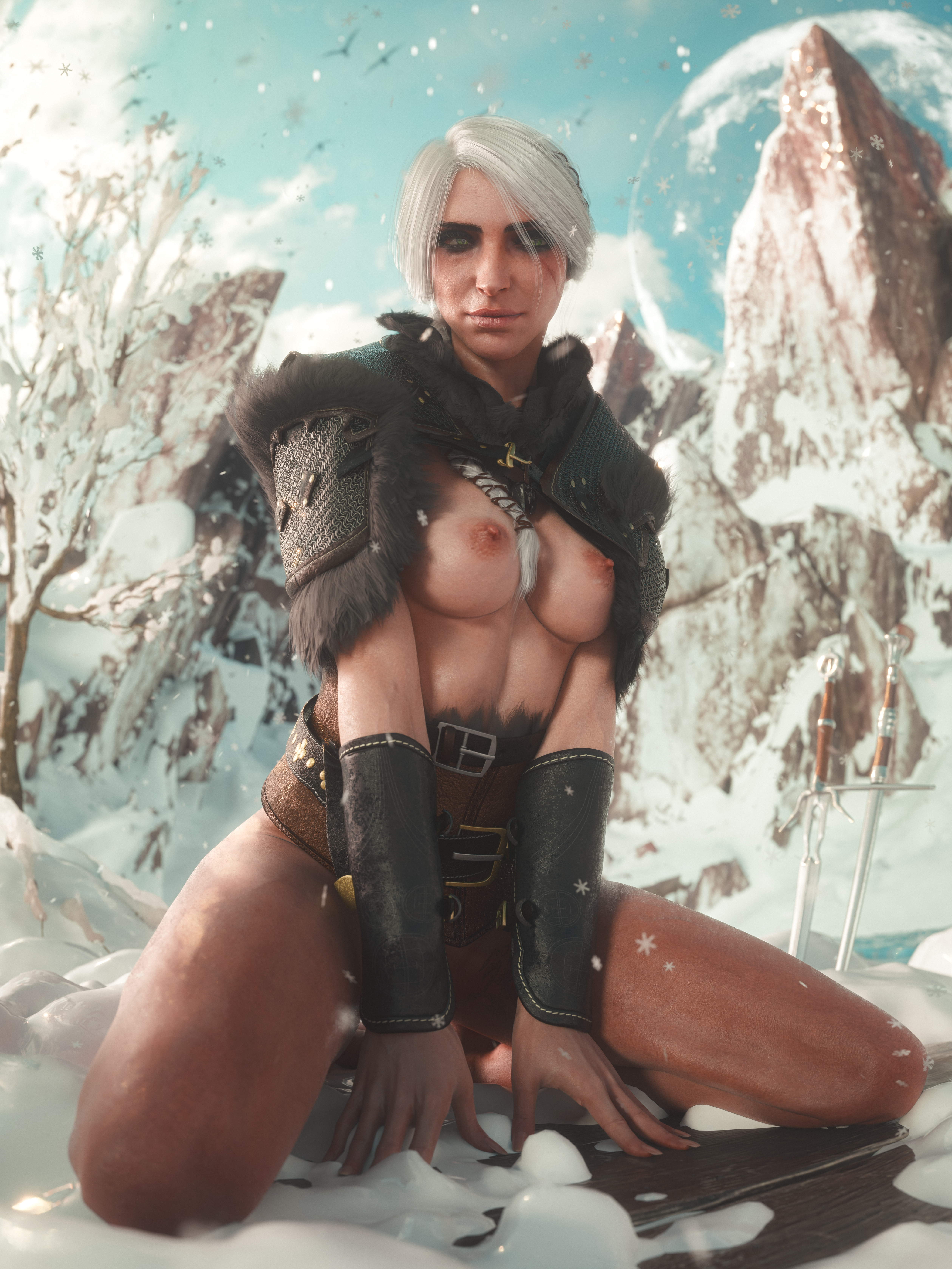 1girls, 3d, breasts, cd projekt red, ceeeeekc, ciri, female, female only, kneeling, pinup, snow, solo, solo female, the witcher (series), the witcher 4, white hair
