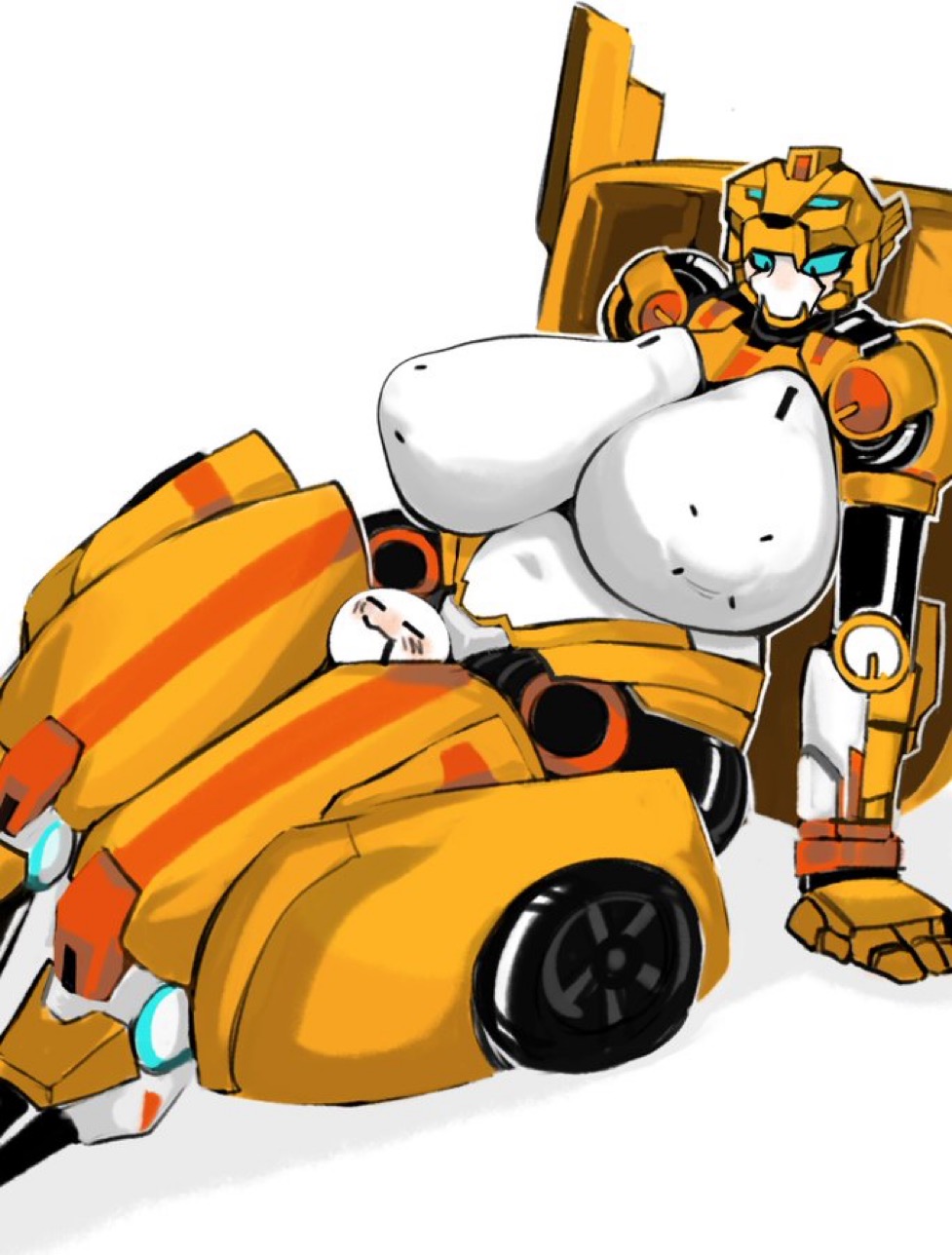 anthro, big breasts, big thighs, blue sclera, blush, giantess, head between thighs, headlock, huge breasts, larger female, massive thighs, mature female, mecha, mecha focus, mecha girl, metal cardbot, robot, robot girl, size difference, tachi (metal cardbot), tachy (metal cardbot), thick thighs, tozamtr, voluptuous