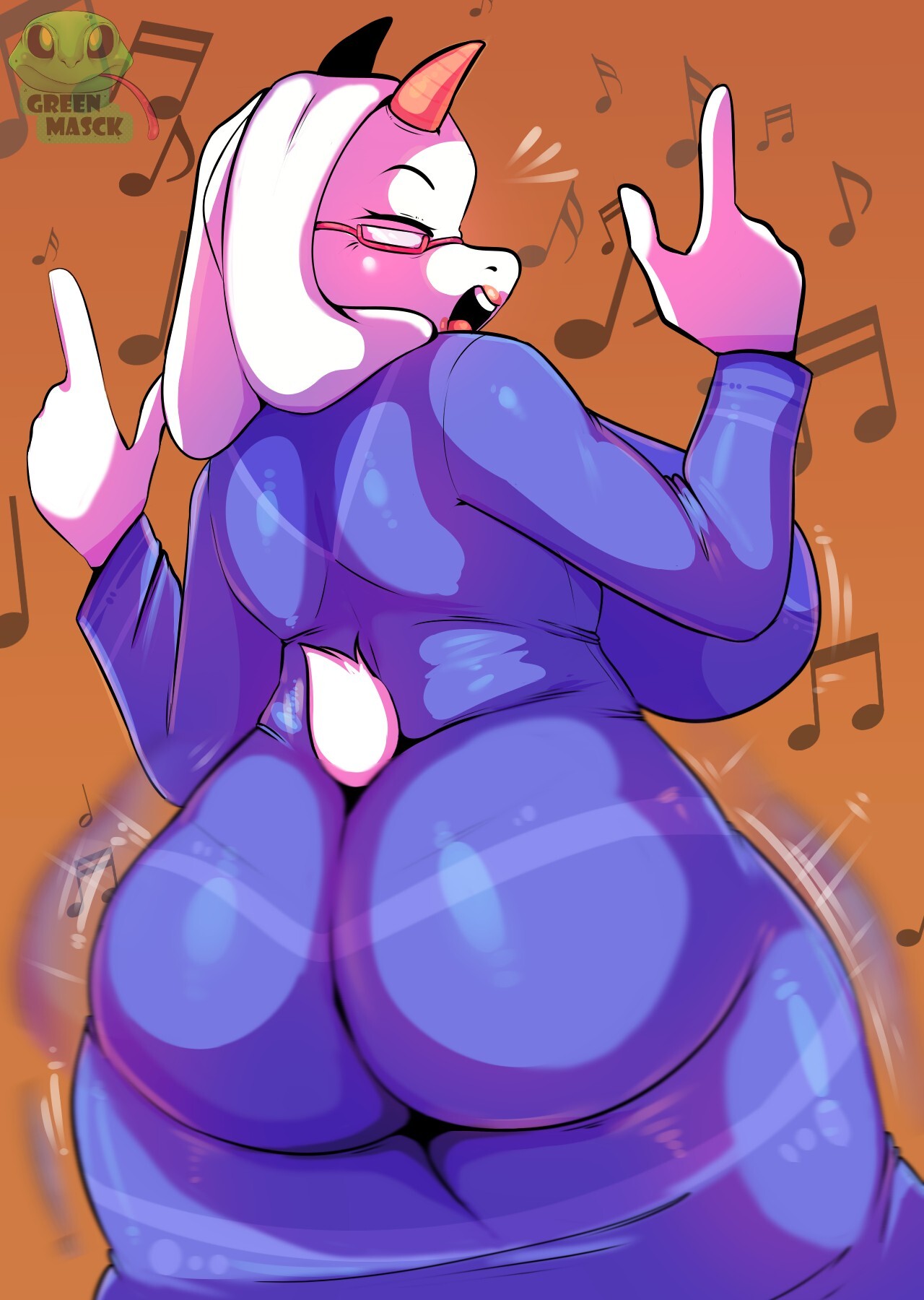 1girls, animal ears, animal tail, anthro, ass, ass focus, ass in dress, ass shake, back, back view, backboob, big ass, big breasts, breasts, bubble butt, closed eyes, clothing, dancing, dress, eyewear, female, female only, glasses, greenmasck, horns, huge ass, huge breasts, mature, mature female, mature woman, milf, mother, motion blur, motion lines, musical note, plump, purple dress, shaking ass, smile, solo, solo female, tail, thighs, toriel, undertale, voluptuous, voluptuous female, white body, white skin