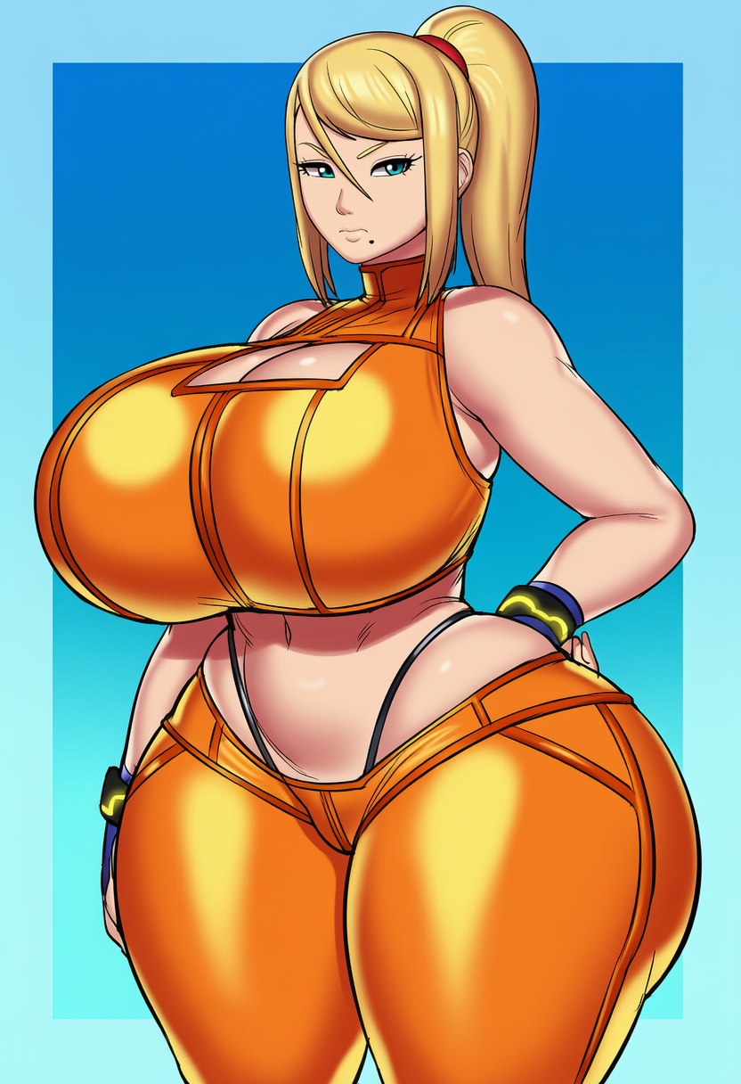 ai generated, ass, blonde female, blonde hair, blue eyes, booty, breasts, cleavage, curvaceous, curvaceous female, curvaceous figure, curves, curvy, curvy body, curvy female, curvy figure, curvy hips, gigantic ass, gigantic breasts, hips, huge ass, huge breasts, huge butt, large ass, large breasts, large butt, large thighs, lubbasdump, metroid, nintendo, samus aran, thick, thick ass, thick hips, thick legs, thick thighs, thighs, zero suit samus