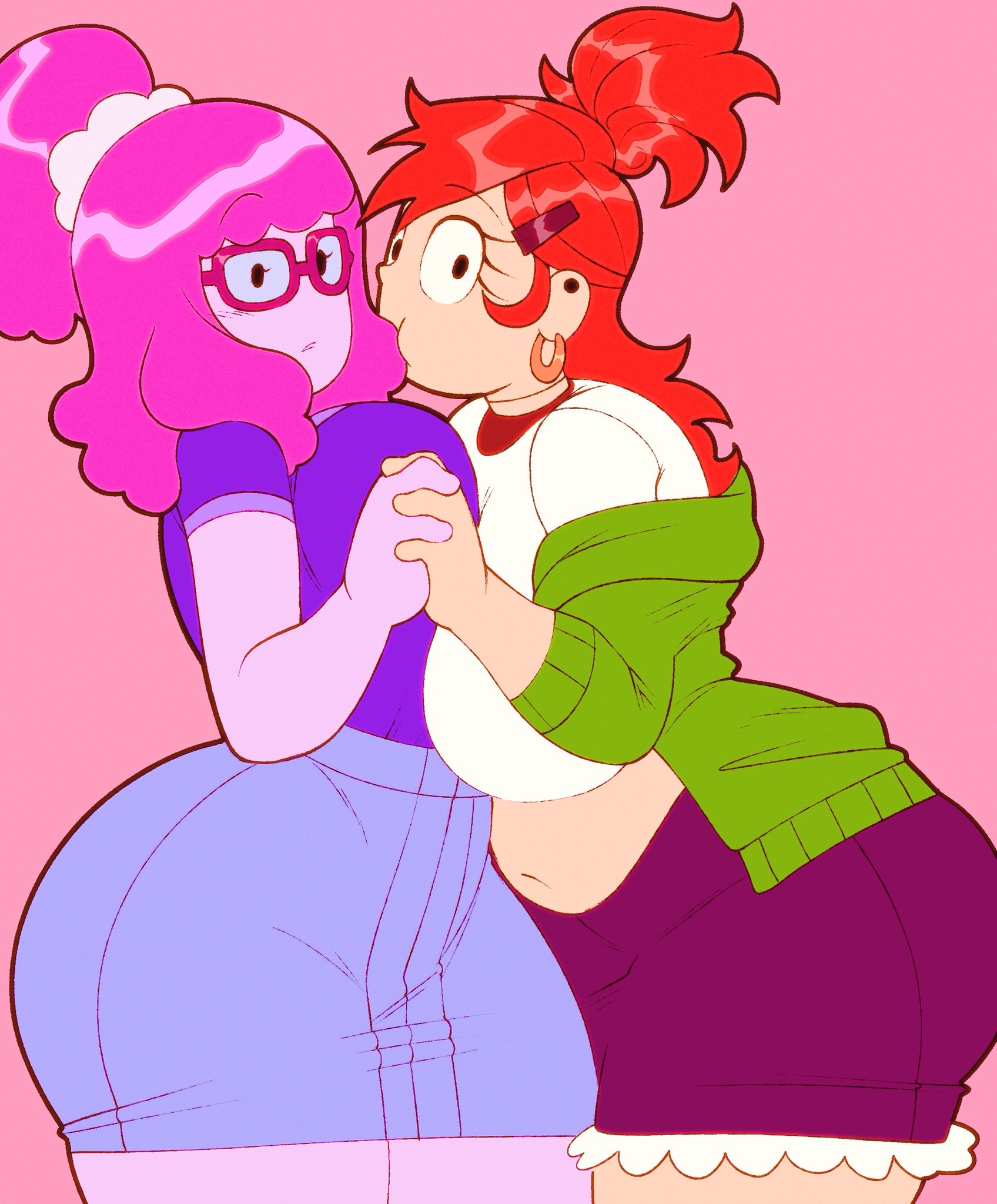 2d, 2d (artwork), 2d artwork, 2girls, adventure time, big breasts, black eyes, breasts, bubble gum, bubble gum girl, candy, candy girl, cartoon, cartoon network, chubby, clothed, crop top, crossover, duo, earrings, eating, eating food, eyebrows visible through hair, female, female focus, female only, foster's home for imaginary friends, glasses, hair, holding hands, human, imaginary frankie, jacket, kookilooheavon, light skin, light-skinned female, looking at viewer, navel, open clothes, open jacket, pink background, pink hair, pink skin, princess bubblegum, shirt, simple background, skirt, stereodaddy, voluptuous, yuri