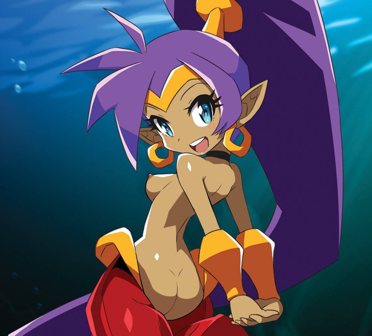 1girls, dark-skinned female, female, female only, looking at viewer, partially clothed, seductive pose, shantae, shantae (character), shantae: half-genie hero, small ass, small breasts, tagme, topless, topless female, zedrin