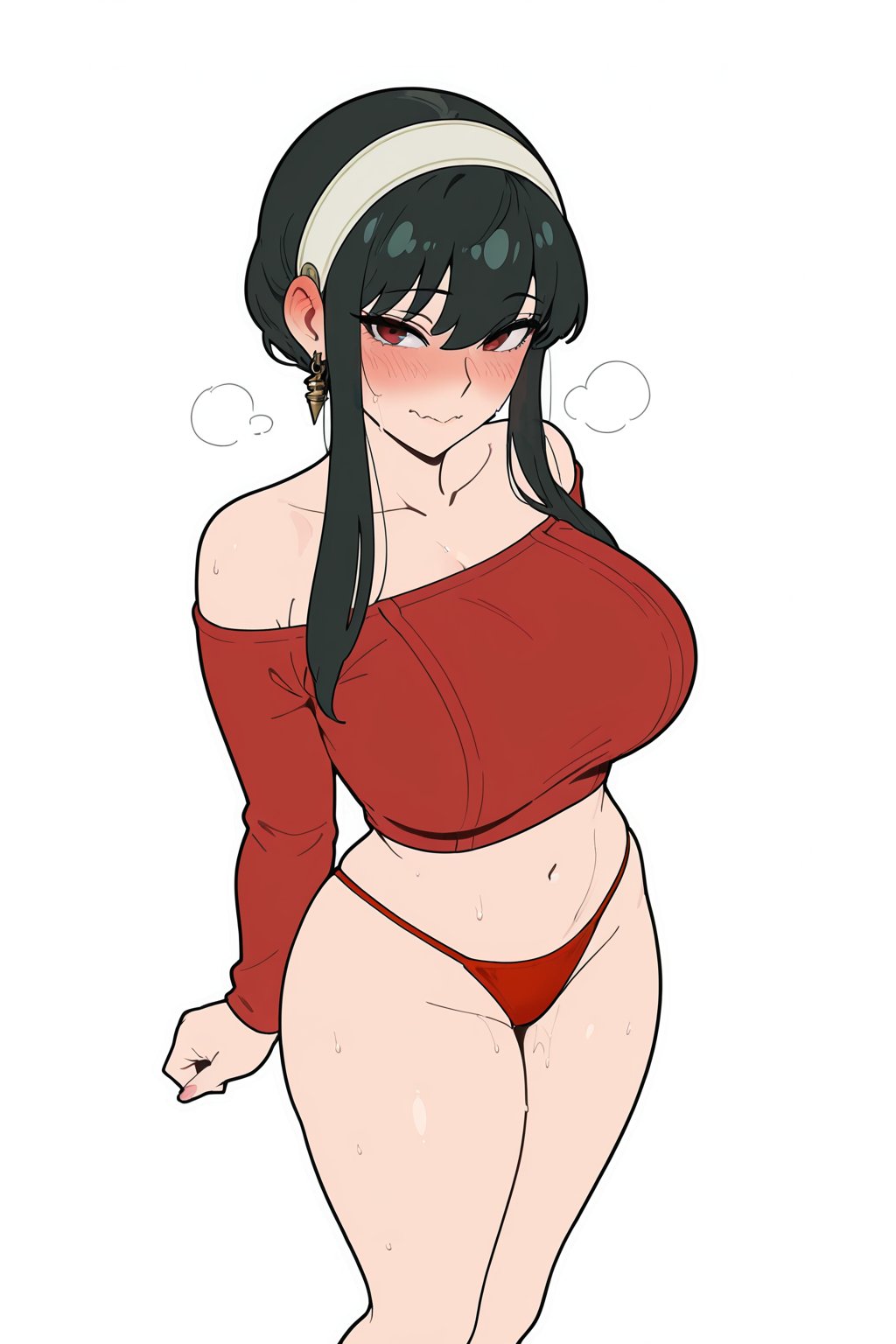 ai generated, barely clothed, big breasts, black hair, blush, blushing, blushing at viewer, blushing ears, blushing female, crop top, ear piercing, ear ring, earrings, female, female only, kawaiiaiarts, red clothing, red ears, red eyes, sfw, simple background, spy x family, sweat, sweatdrop, sweating, tagme, thought bubble, white background, white body, white skin, yor forger